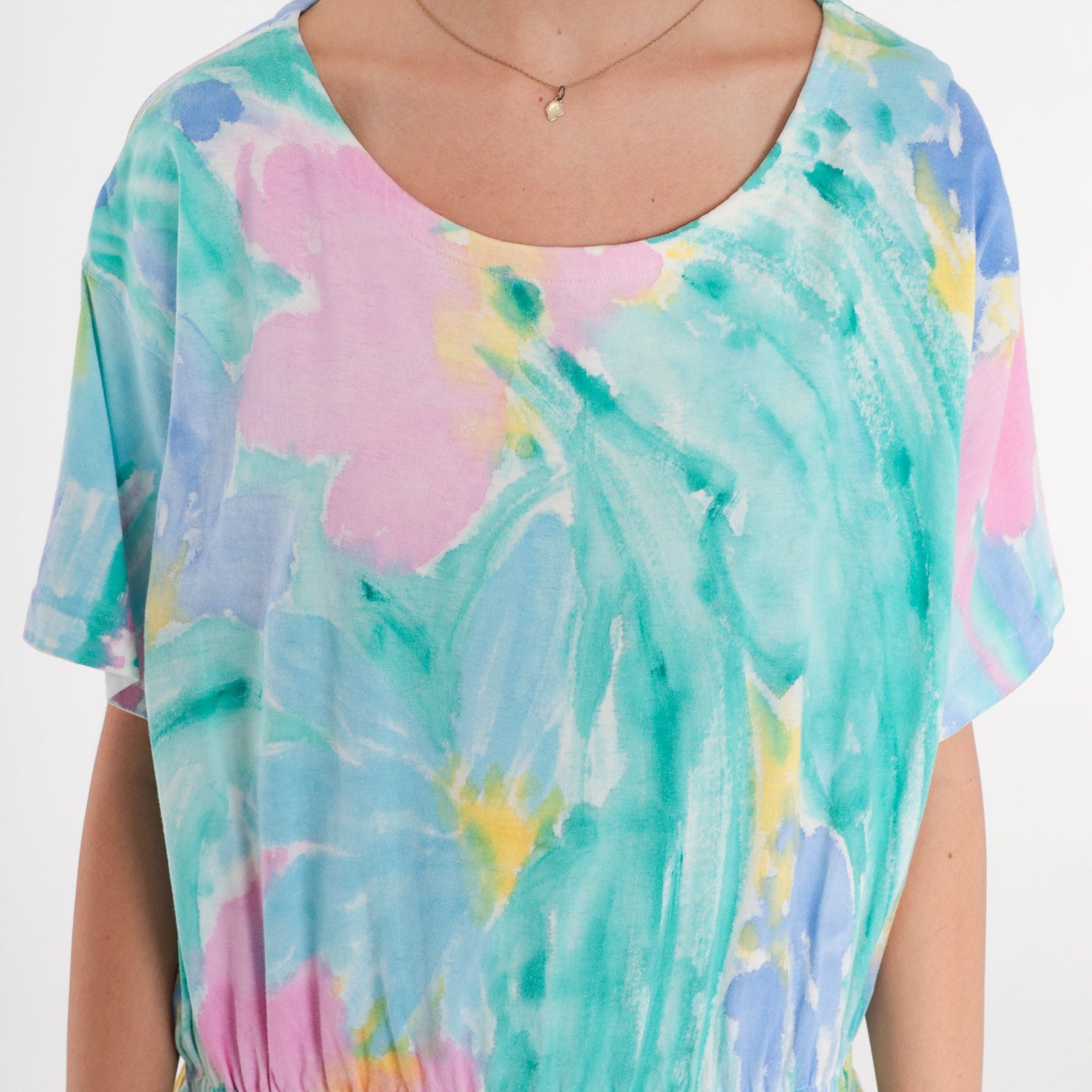 90s Watercolor Floral Midi Dress High Waist Short Sleeve Pink Green Large