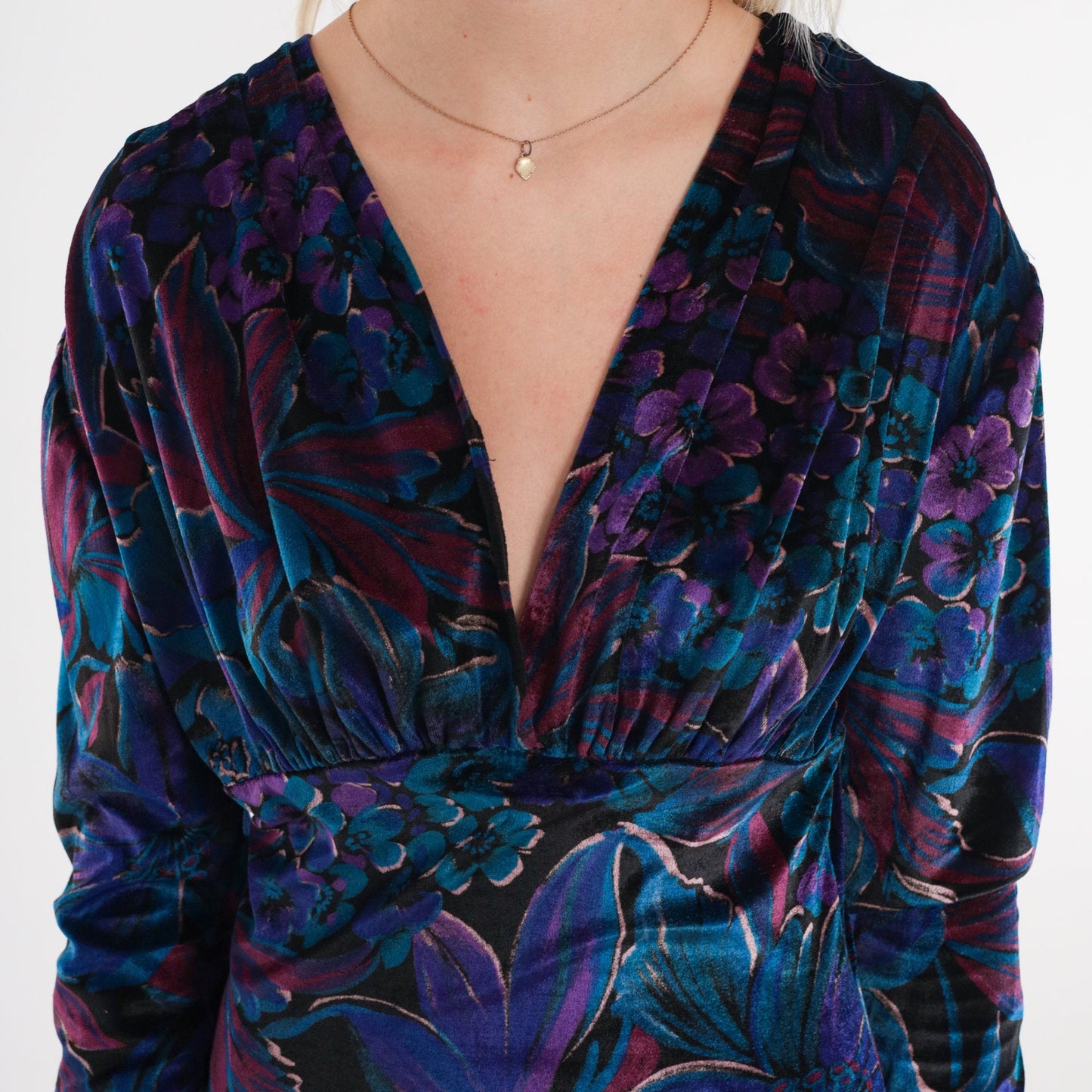 90s Floral Velvet Mini Dress Long Sleeve Empire Waist Blue Purple 2XS