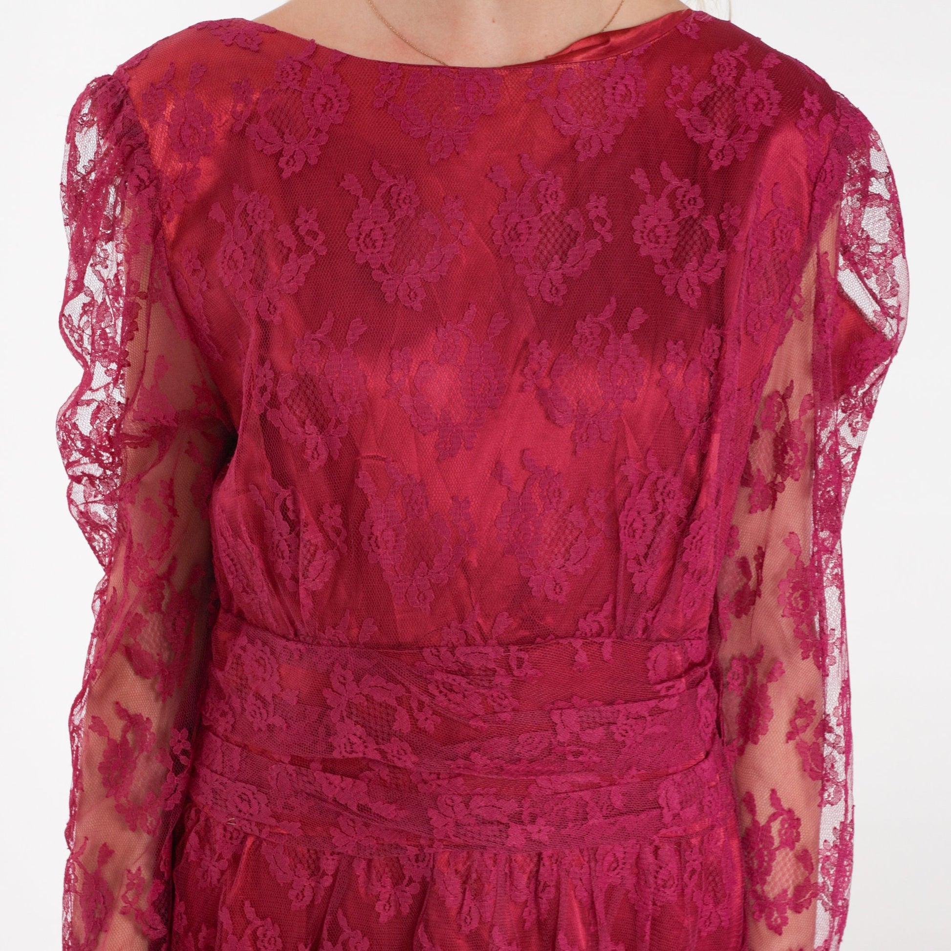 70s Raspberry Lace Midi Dress Puff Sleeve High Waist Low Back Medium