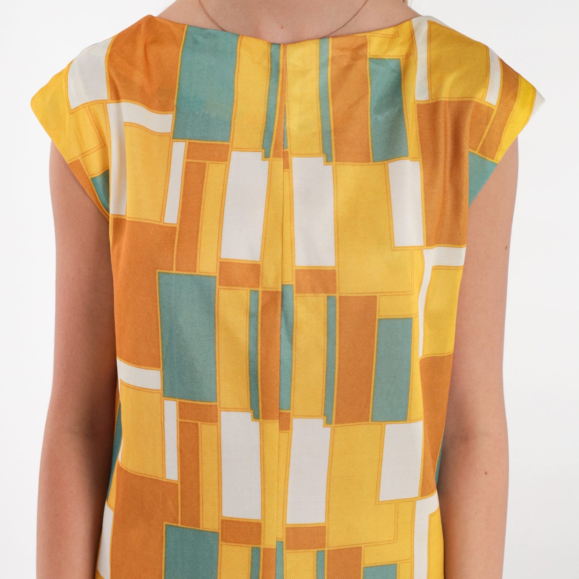 70s Mod Geometric Yellow Midi Dress A-Line Cap Sleeve Medium M
