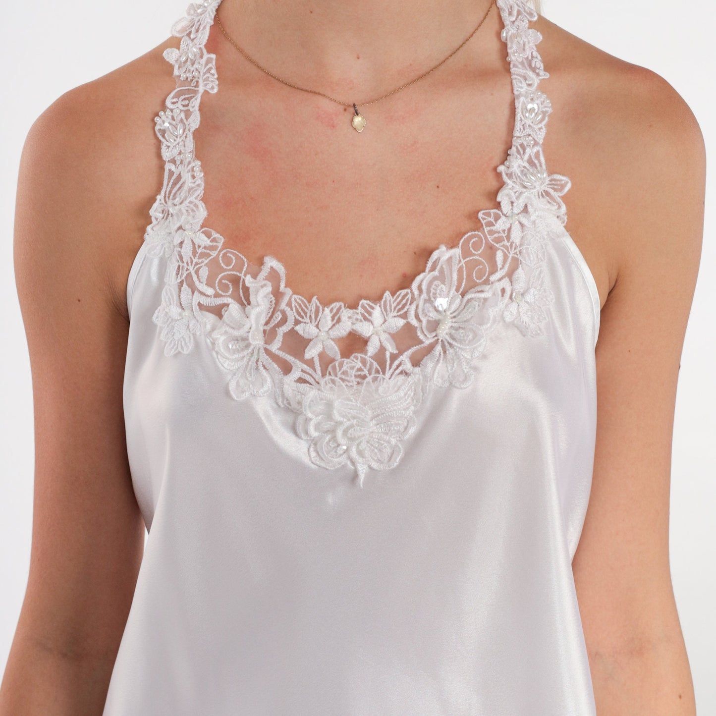 90s White Beaded Lace Slip Dress Halter Strappy Mini Nightgown Medium M
