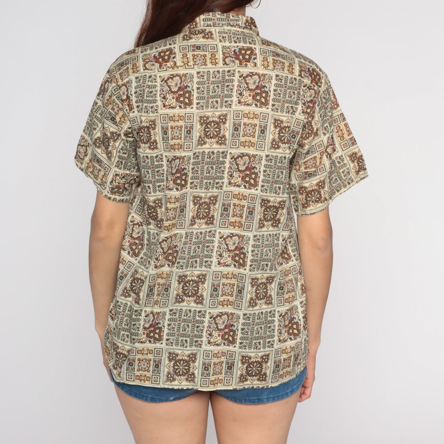 60s Geometric Print Button-Up Shirt Brown Cream Leaf Short Sleeve Medium