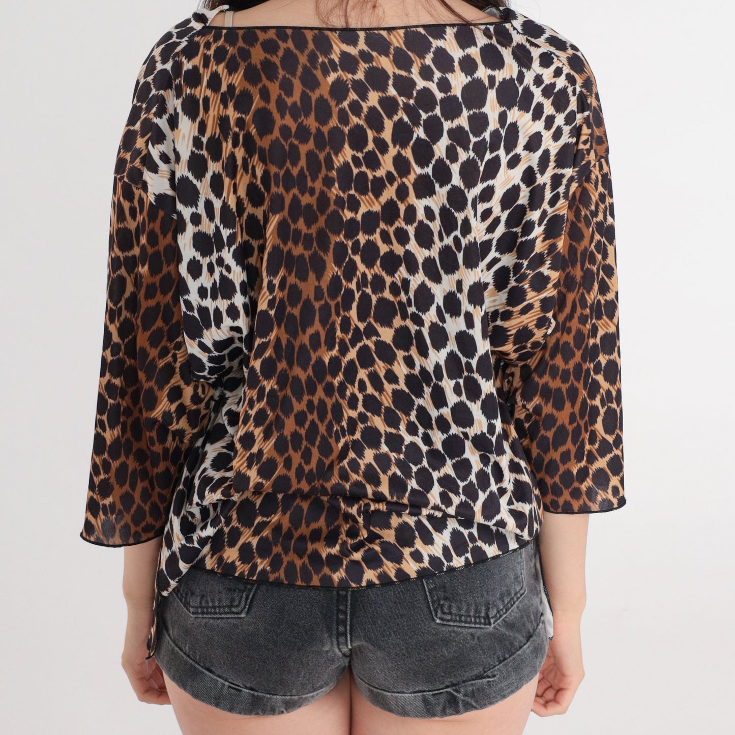 90s Leopard Print Cowl Neck Blouse 3/4 Sleeve Animal Print Medium Large
