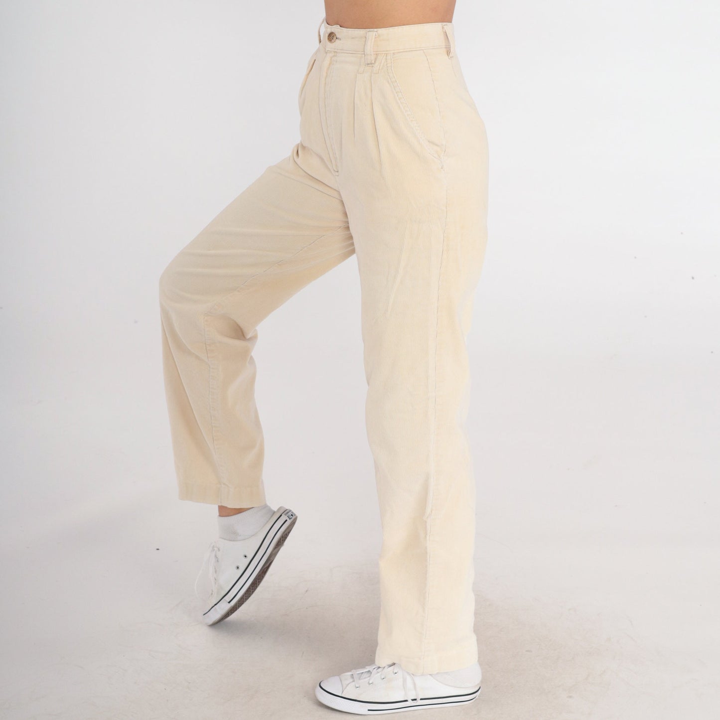 80s Present Co. Pleated Corduroy High-Waist Trousers Cream Straight Leg Extra Small