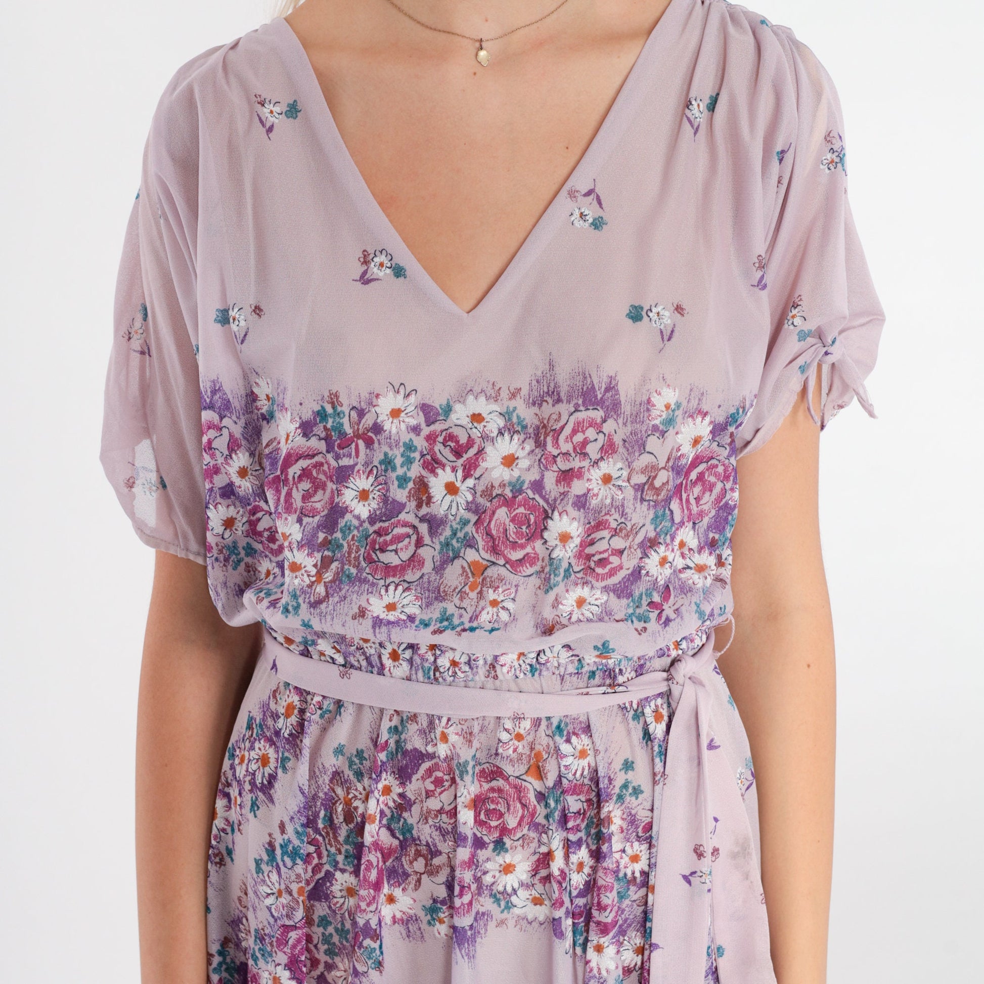 70s Lavender Floral Midi Dress High Waisted Sheer Purple Small Medium
