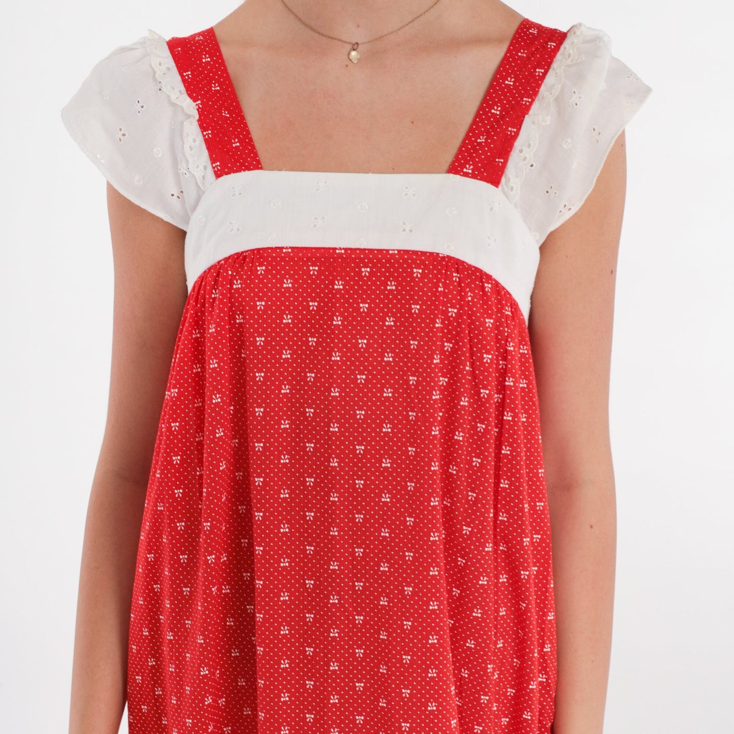 70s Red Maxi Dress Polka Dot Bow Print Eyelet Lace Cap Sleeve Extra Small