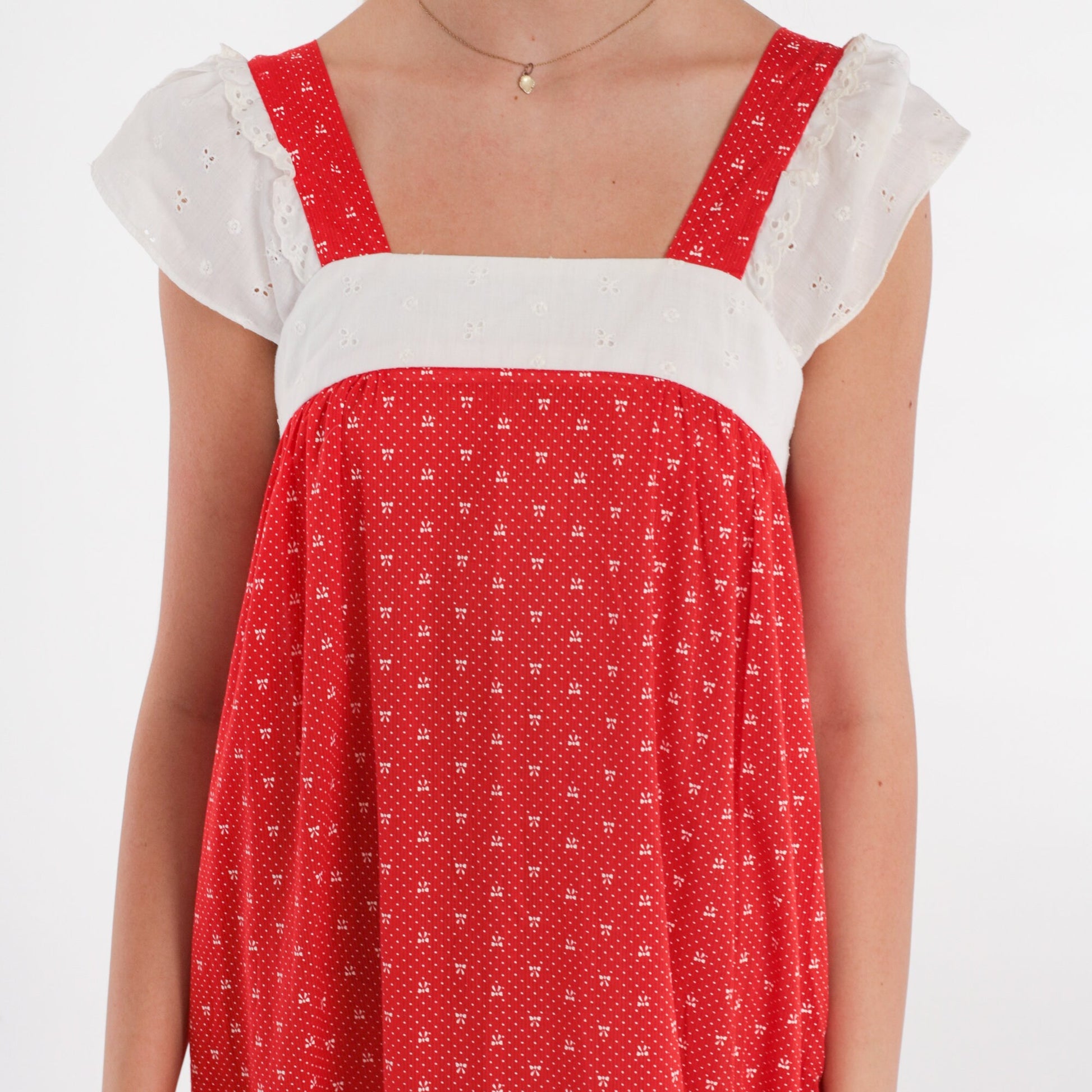 70s Red Maxi Dress Polka Dot Bow Print Eyelet Lace Cap Sleeve Extra Small