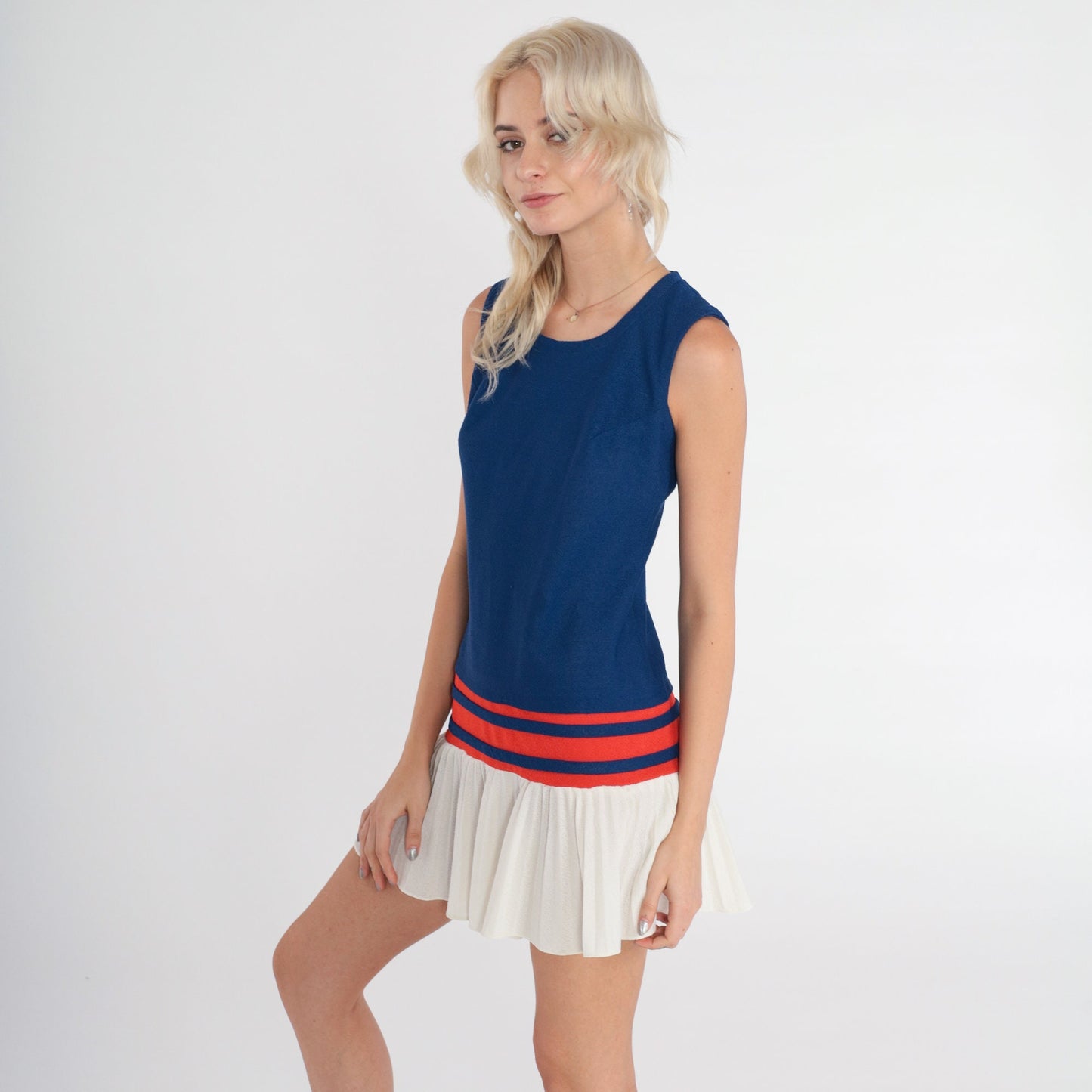 60s Candi Jones Mod Mini Dress Drop Waist Pleated Blue Red White XS