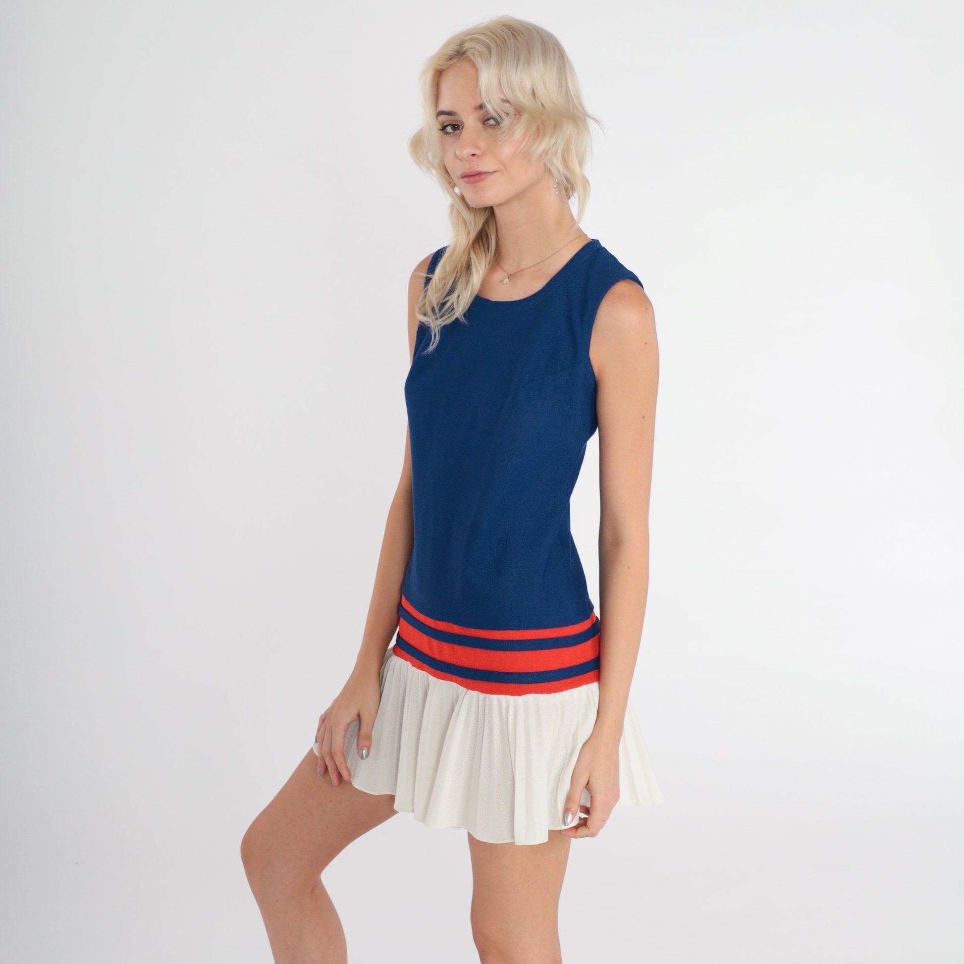 60s Candi Jones Mod Mini Dress Drop Waist Pleated Blue Red White XS