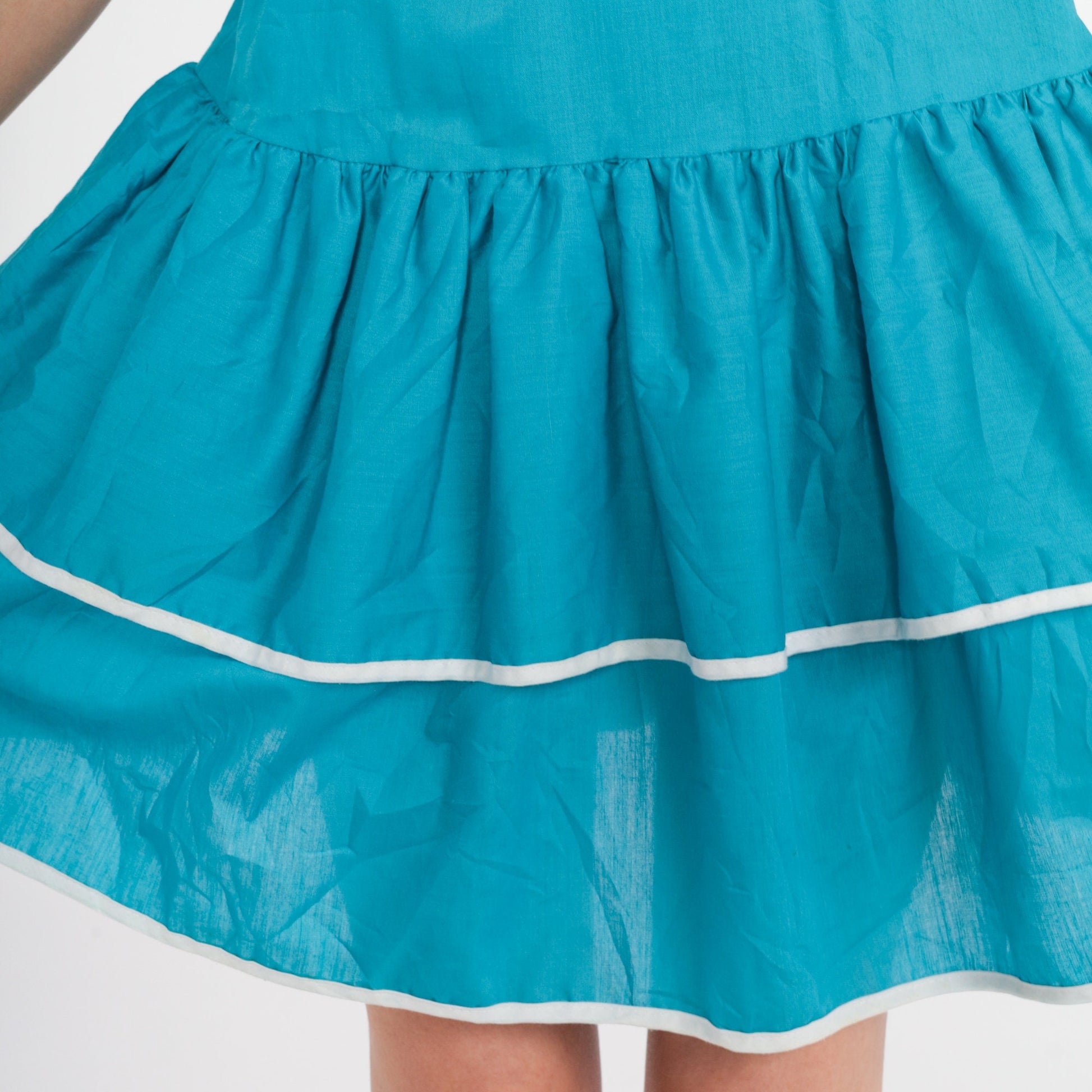 80s Blue Mini Dress Puff Sleeve Tiered Skirt High Waisted Extra Small