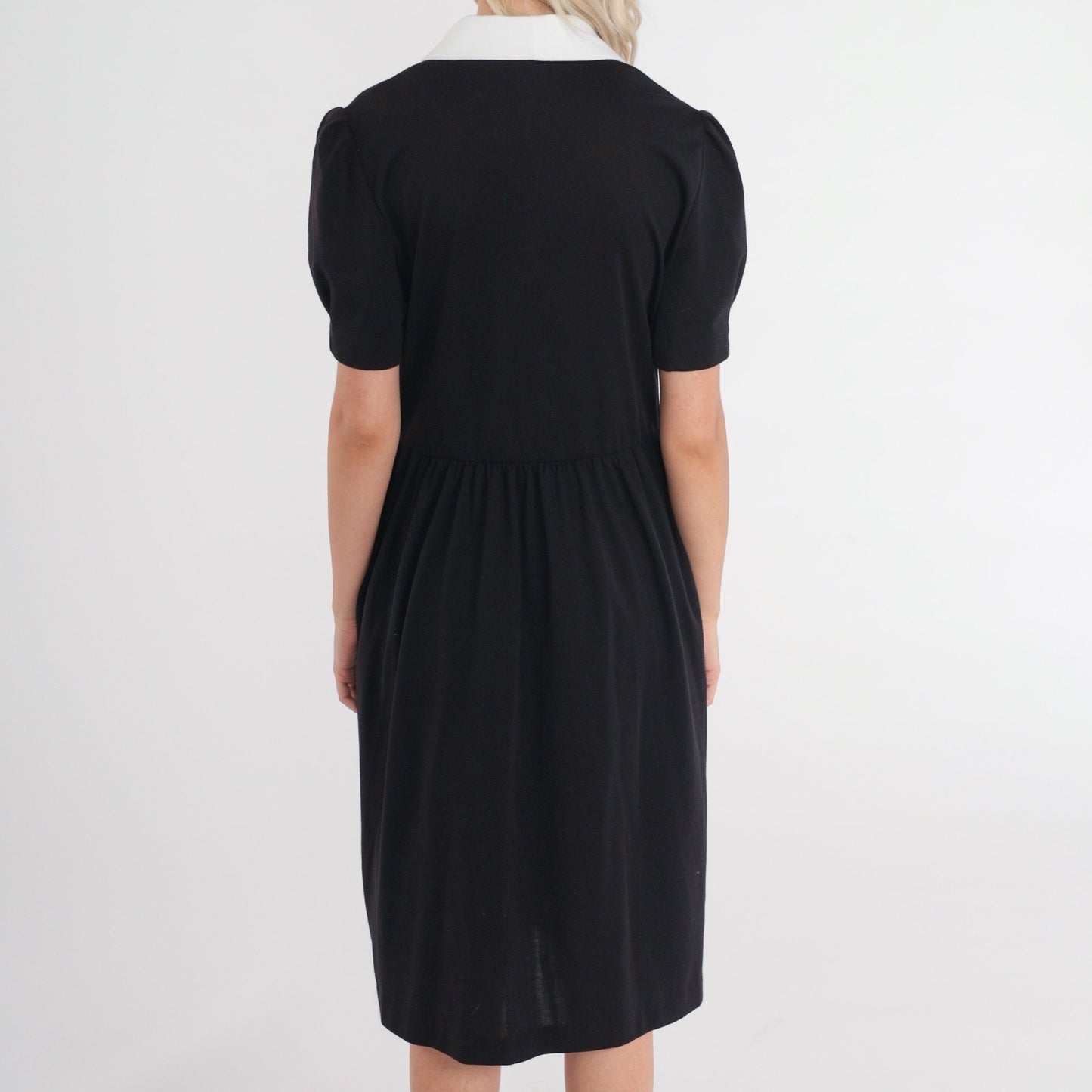 80s Black and White Collared Midi Wrap Dress Puff Sleeve High Waist Medium