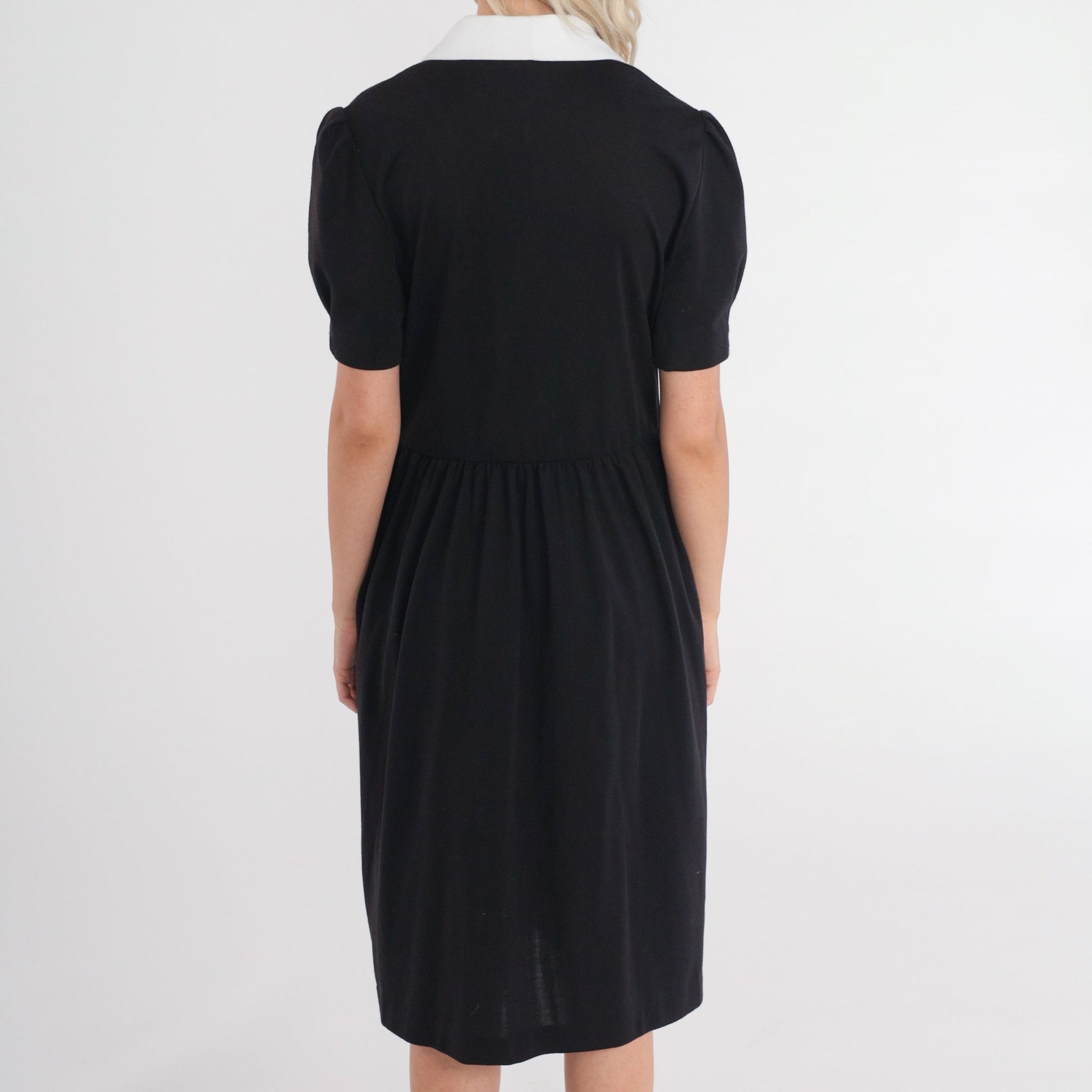 80s Black and White Collared Midi Wrap Dress Puff Sleeve High Waist Medium