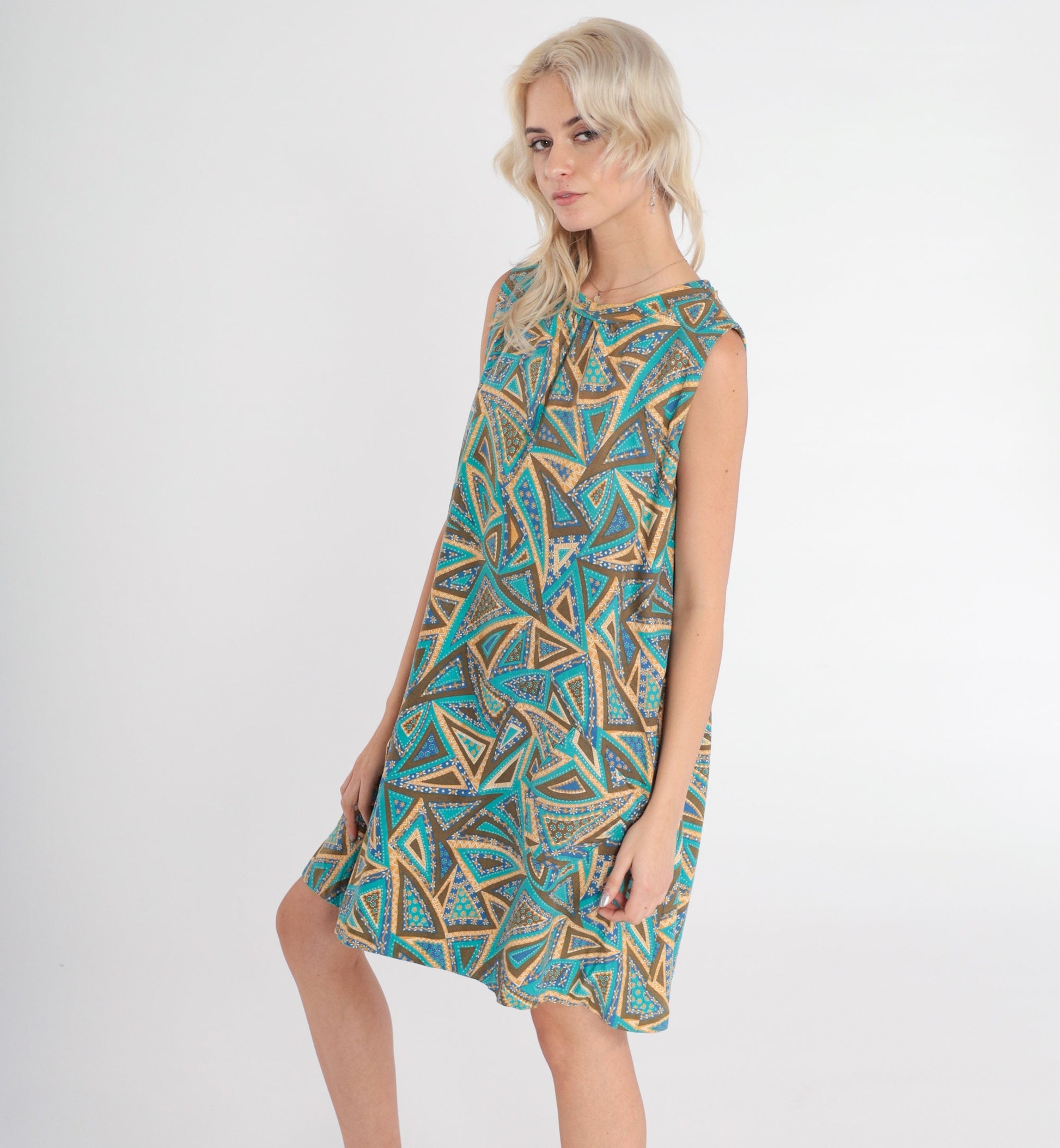 60s Mod Mini Shift Dress Abstract Floral Print Sleeveless Blue Medium M
