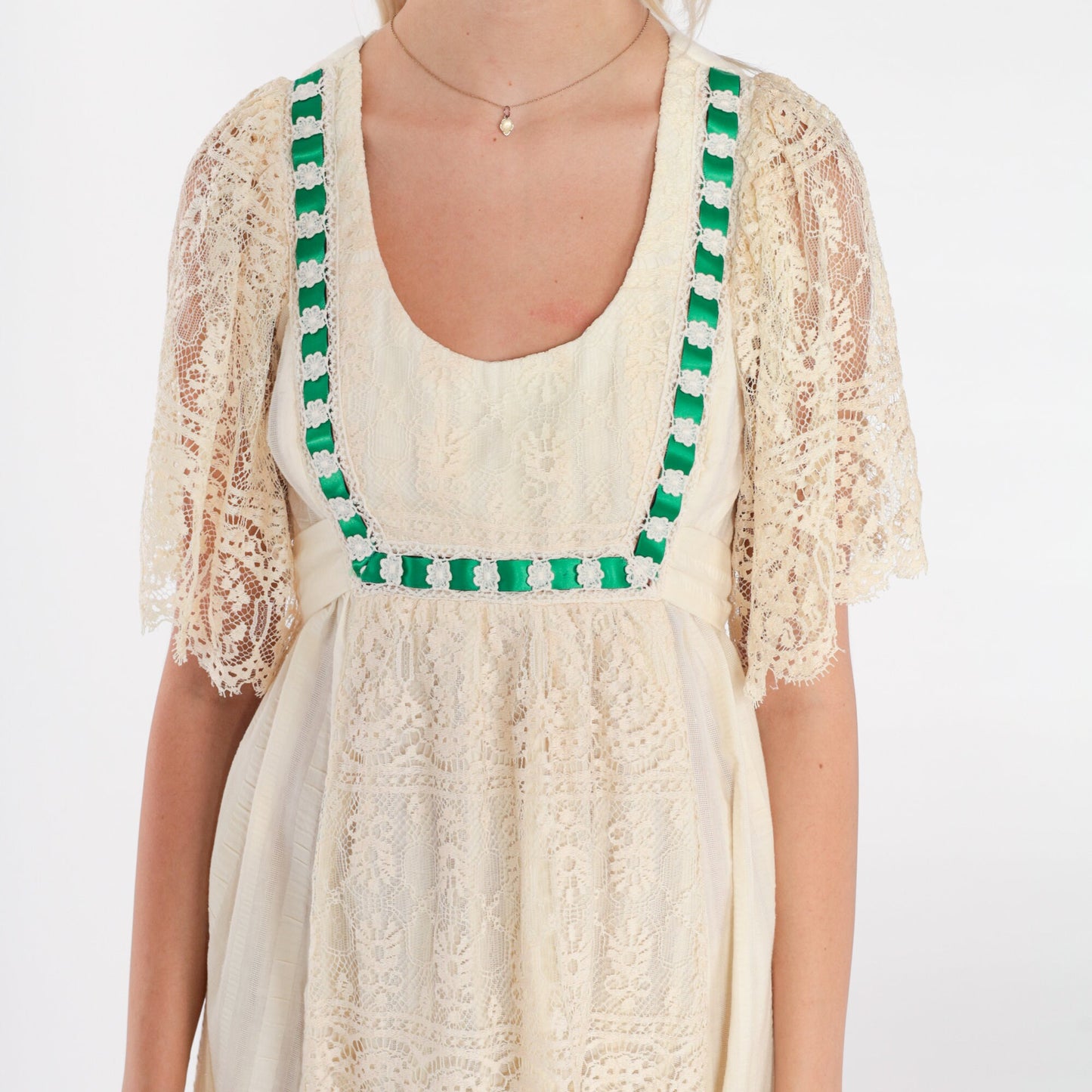70s Cream Lace Maxi Dress Floral Green Ribbon Empire Waist Bell Sleeve Extra Small