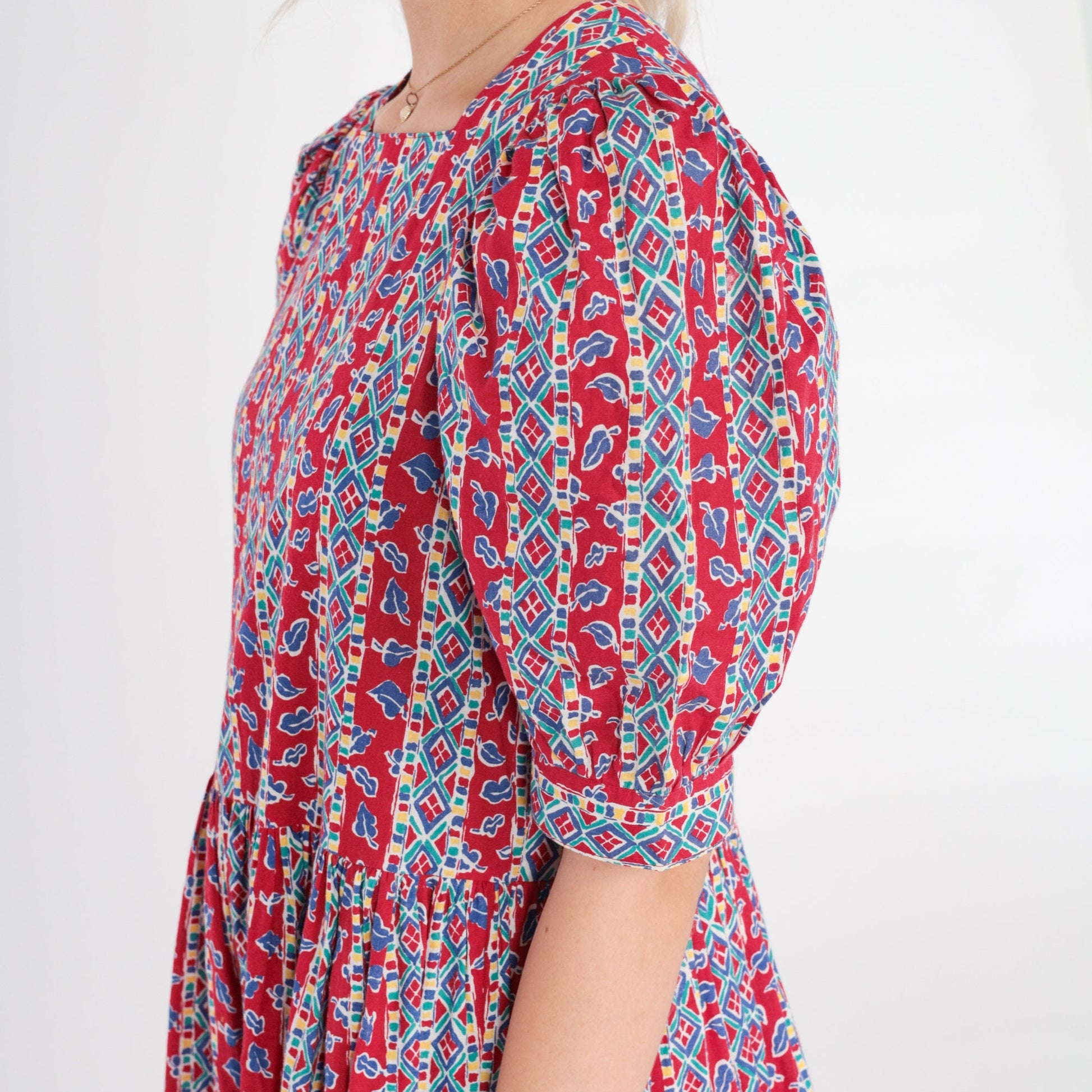 90s Laura Ashley Red Striped Leaf Print Midi Dress Puff Sleeve Medium