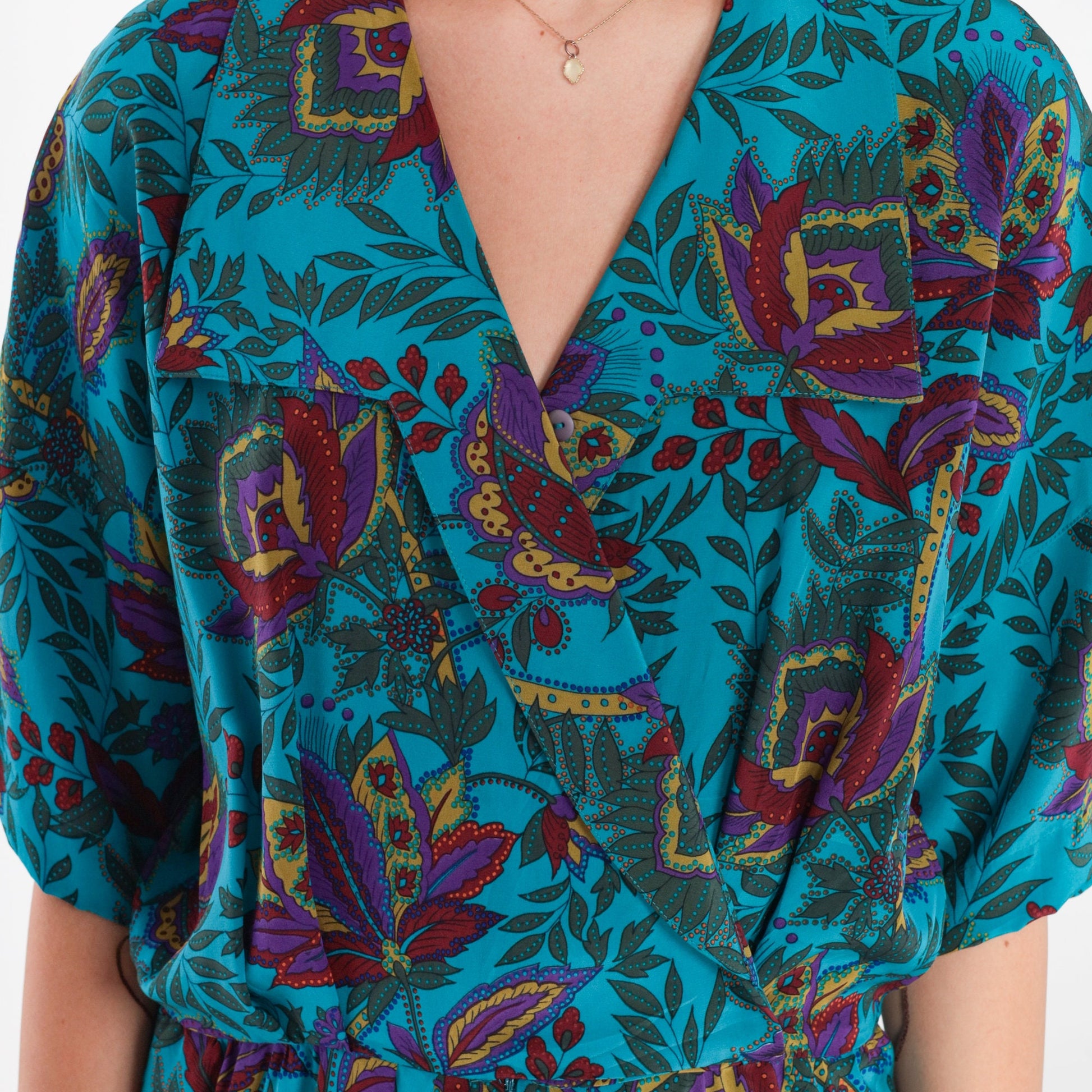 80s Blue Silk Floral Midi Dress High Waisted Collared V Neck Small