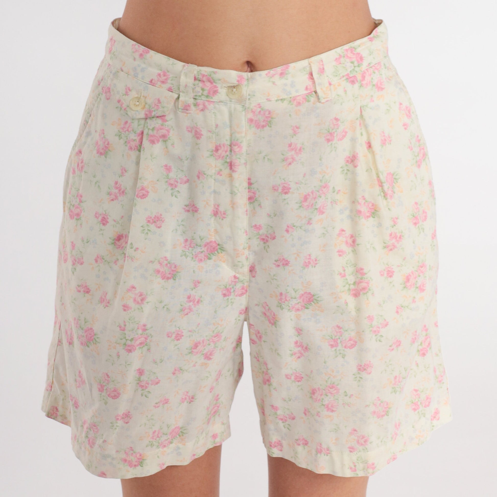 Ralph Lauren Floral Shorts Pale Yellow Pink Pleated High Waist Small S