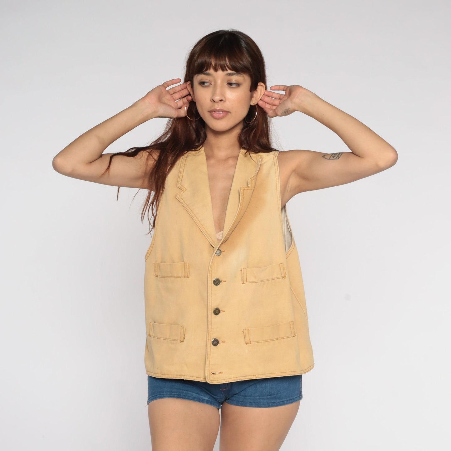 80s Tan Button-Up Vest Western Workwear Sleeveless Small