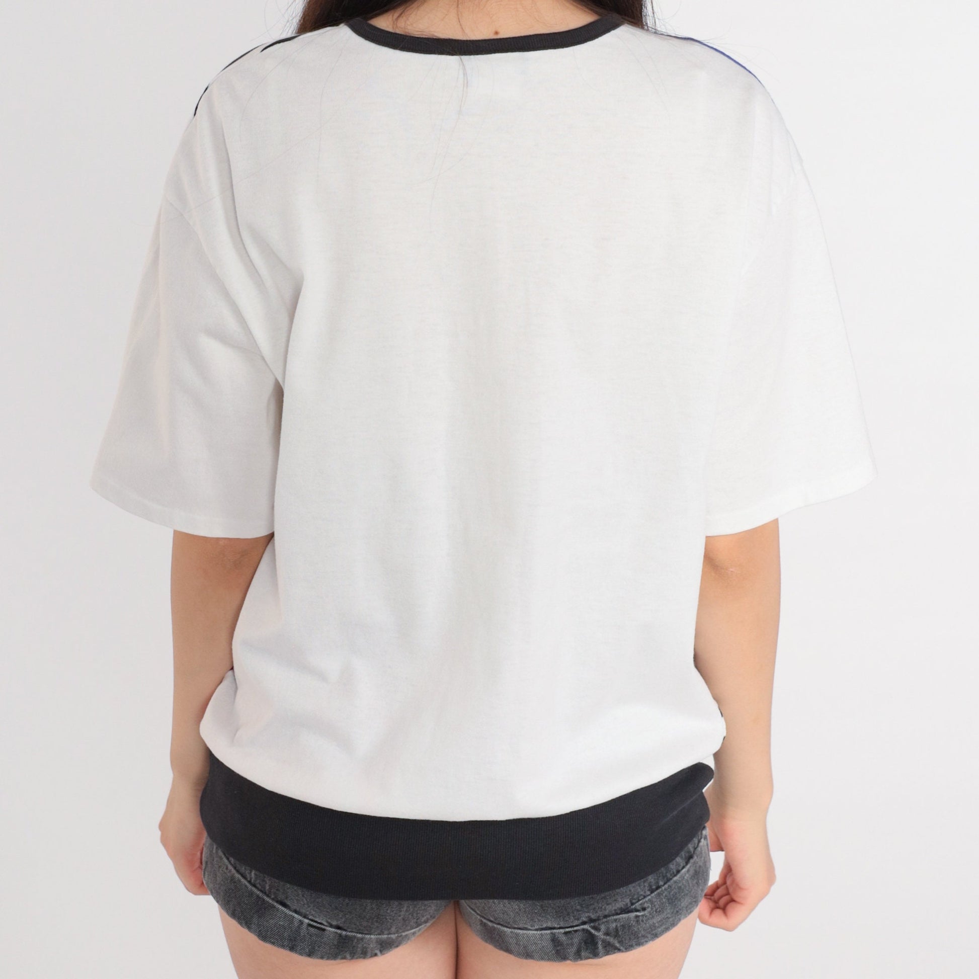 90s Striped Colour Block T-Shirt White Black Red Blue Short Sleeve Medium M