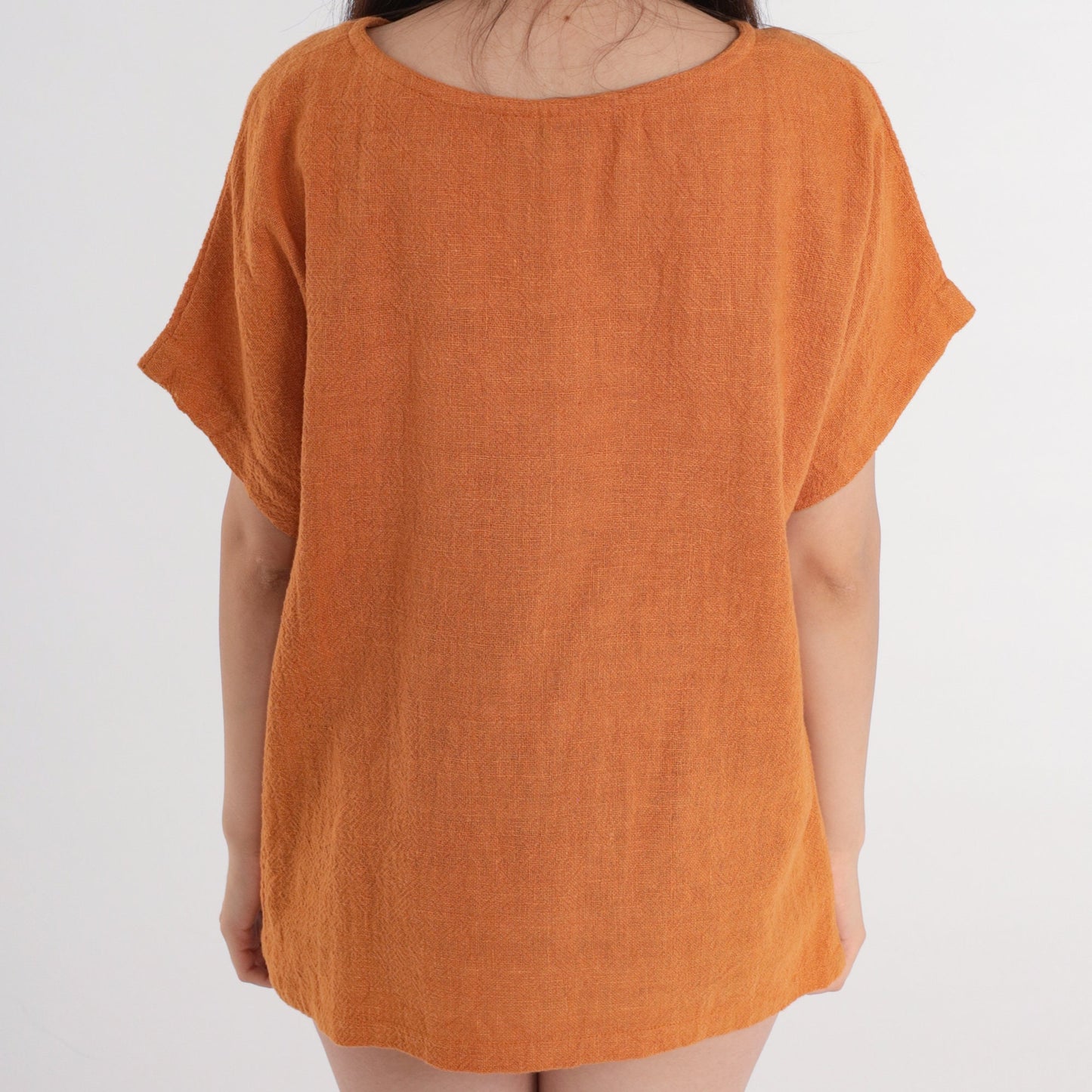 80s Burnt Orange Cotton Woven Blouse Short Sleeve Large L