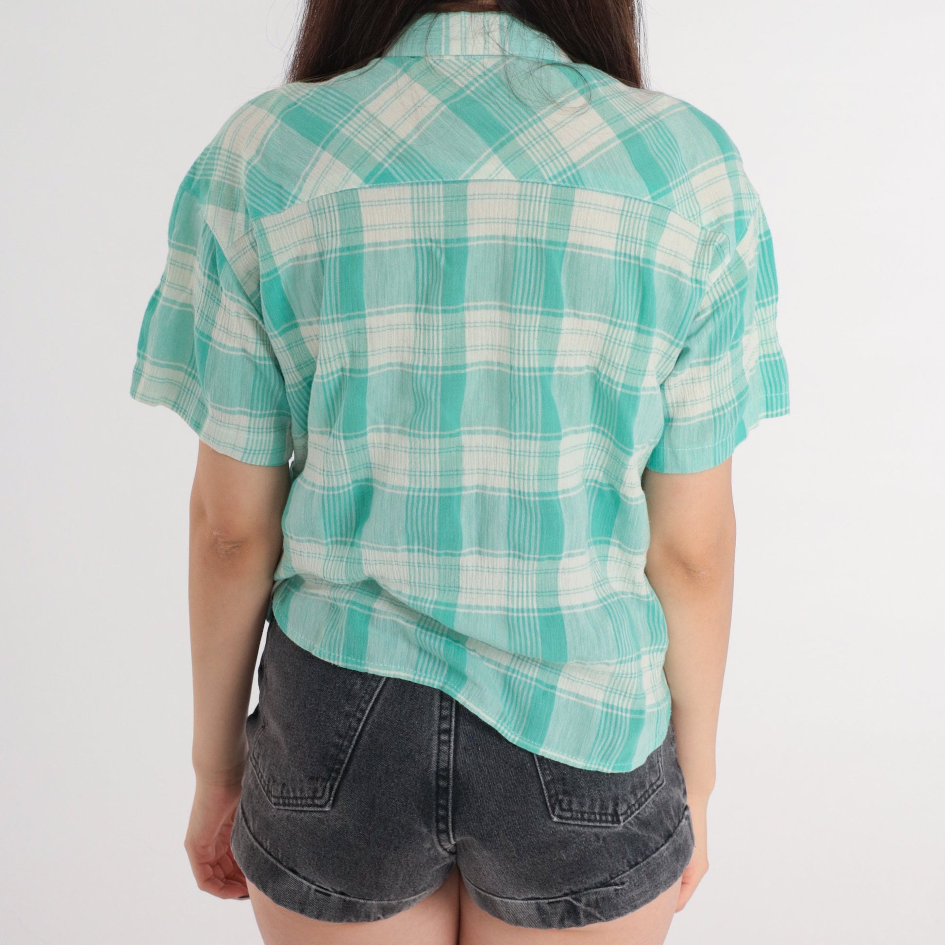 90s Plaid Button Up Blouse White Mint Green Checkered Short Sleeve Medium