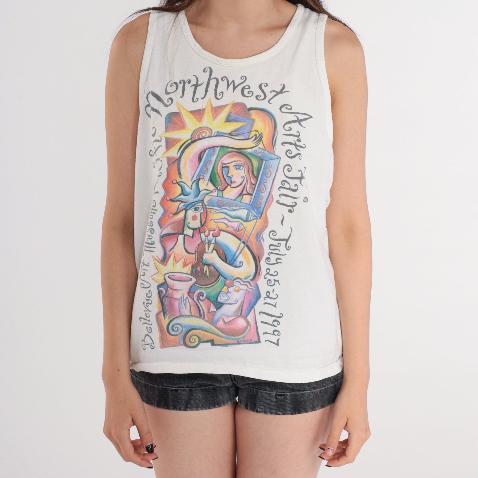 1997 Bellevue Arts Fair Seattle Tank Top White Graphic Tee Medium M