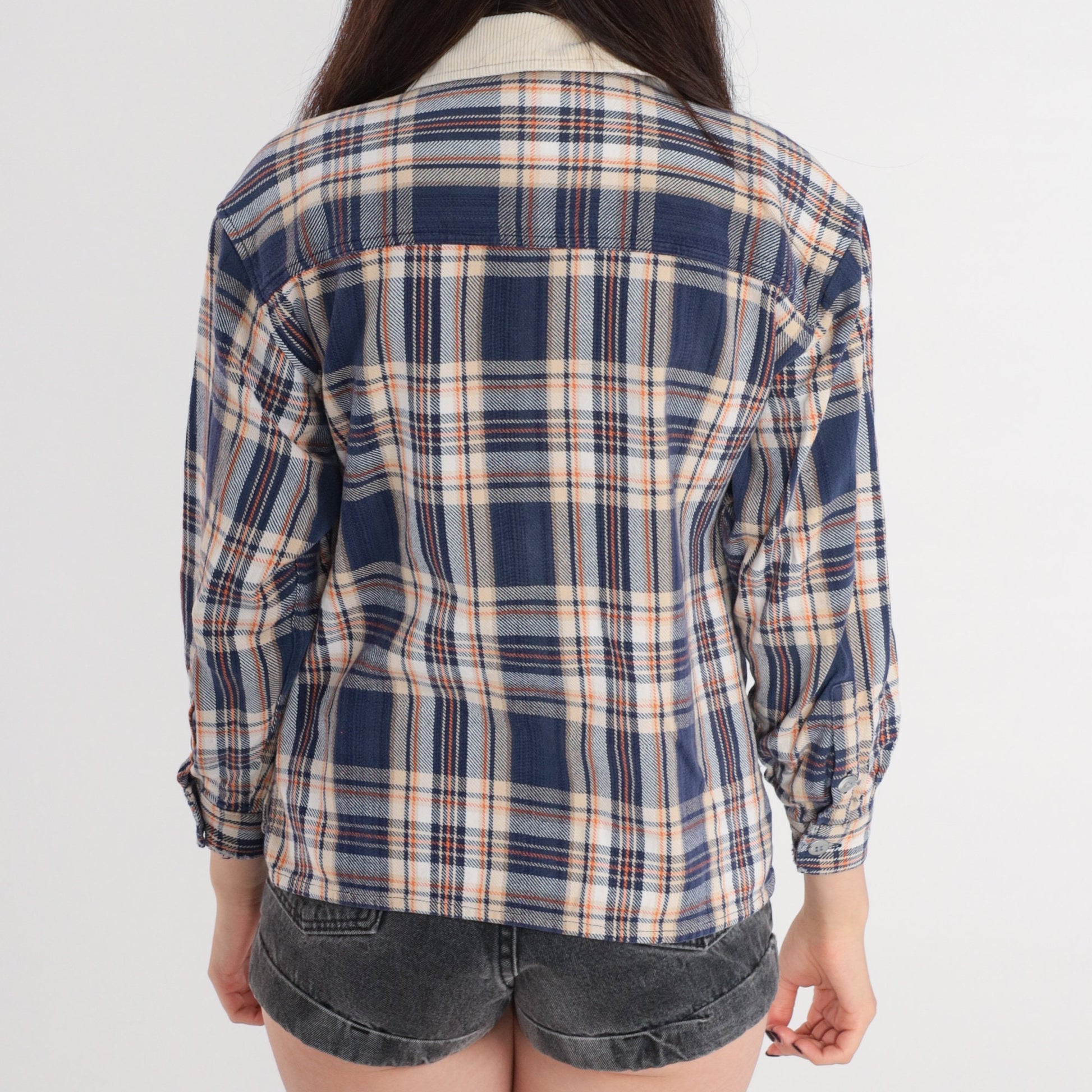 90s Canyon River Blues Plaid Zip Shirt Corduroy Collar Navy Cream Medium