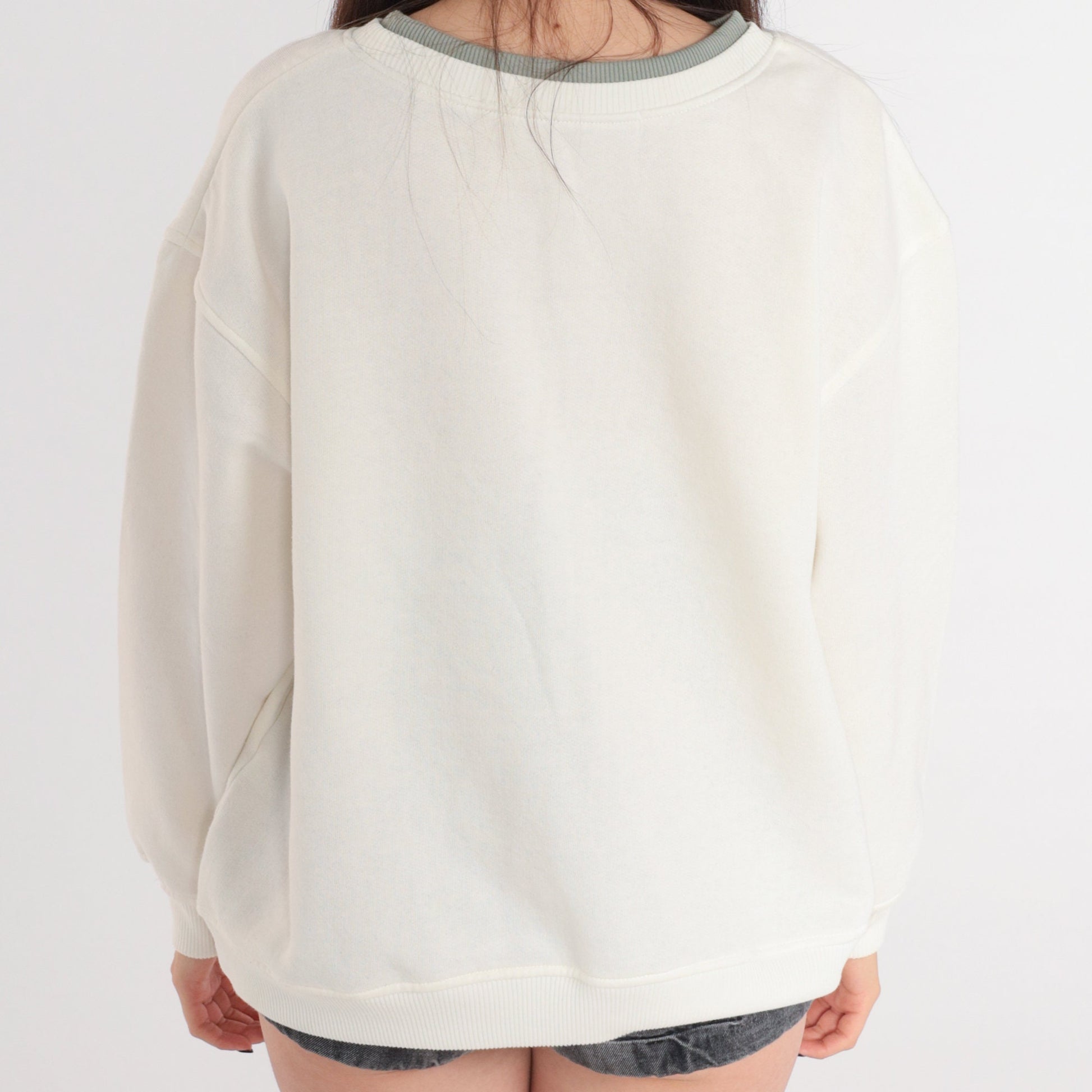 90s Floral Heart Embroidered Sweatshirt Cream Crewneck Pullover Large