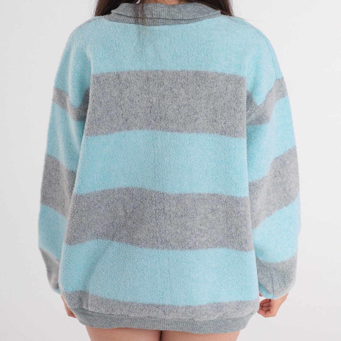 80s Striped Fleece Collared Sweatshirt Blue Grey Pullover Extra Large