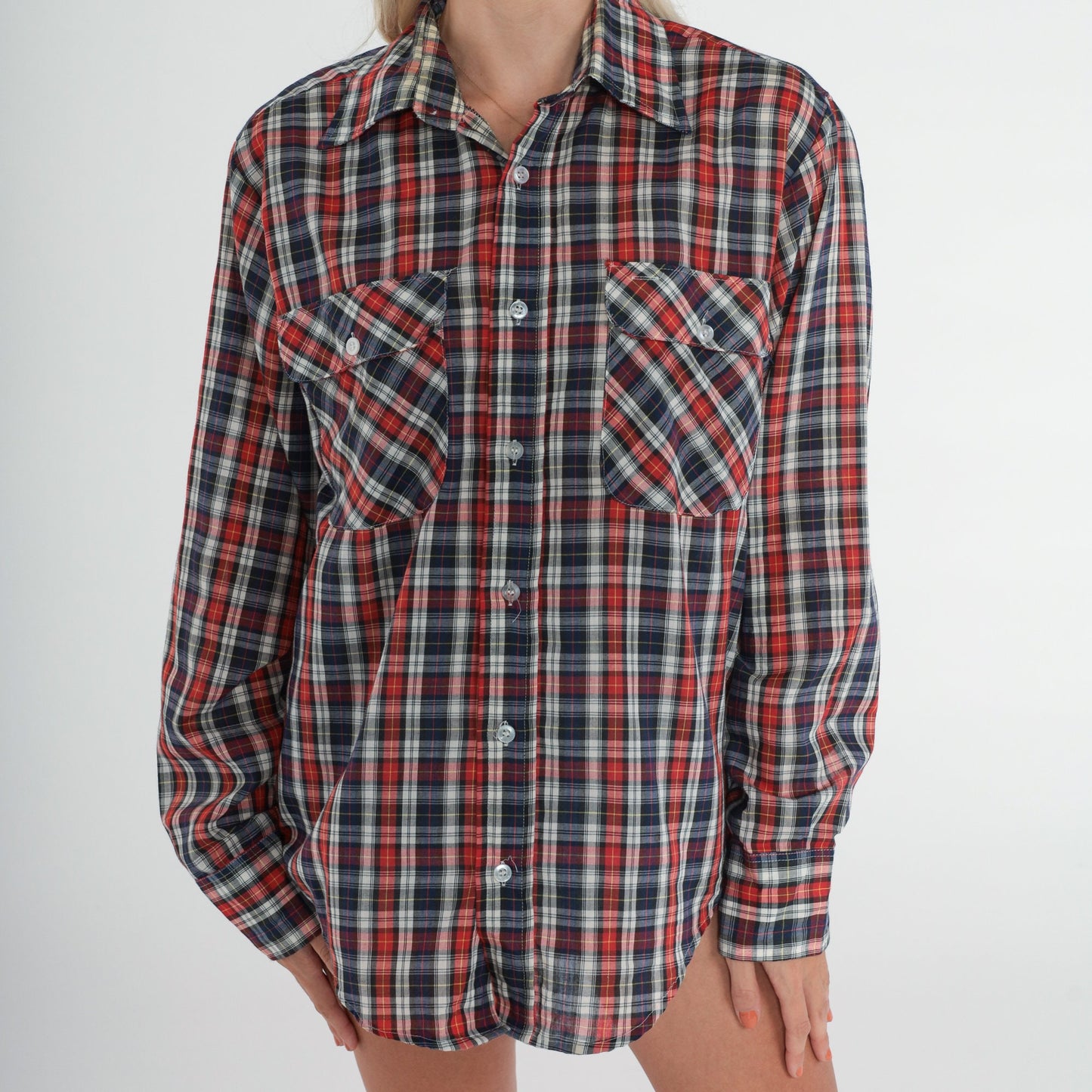 80s Montgomery Ward Plaid Button Up Shirt Red White Blue Checkered Medium