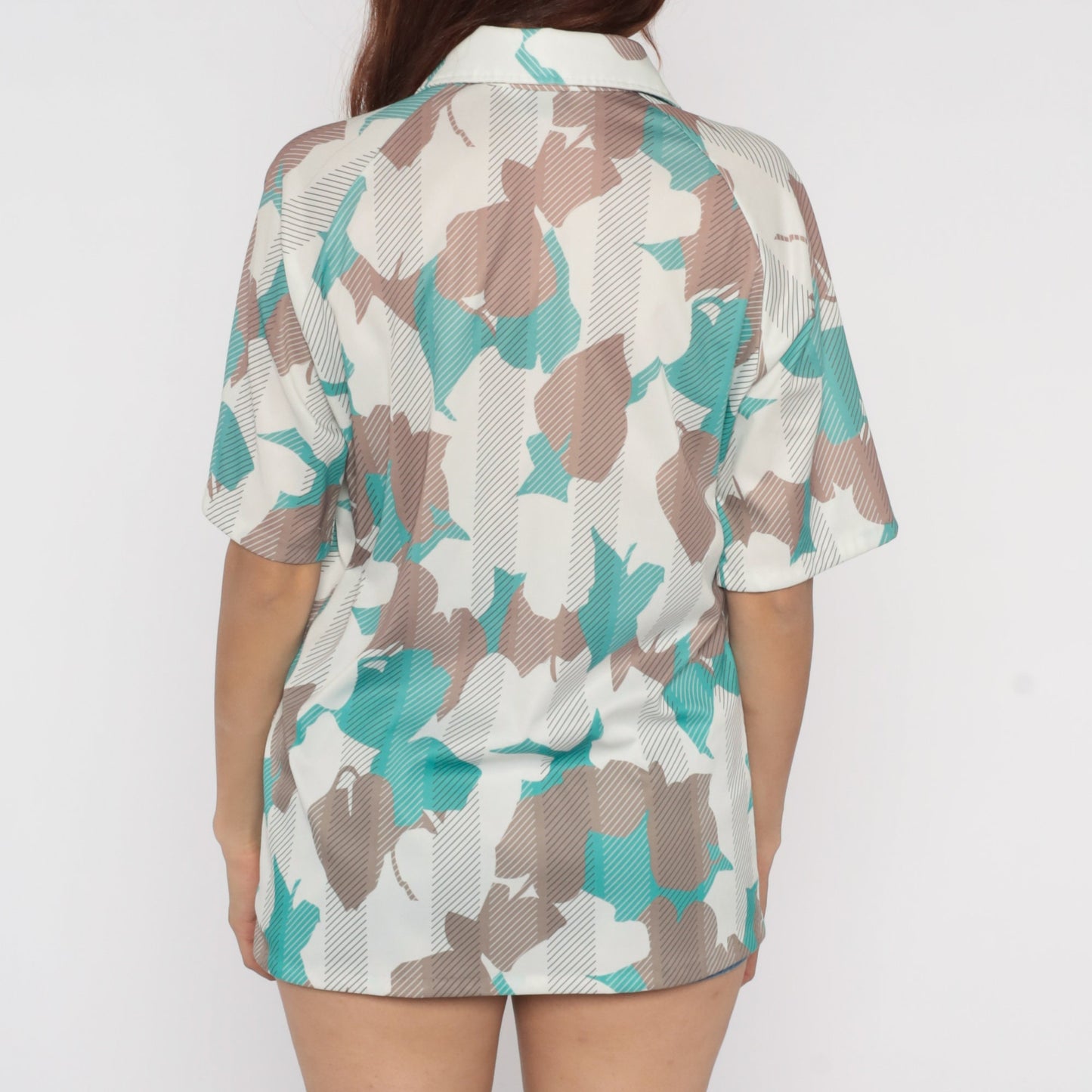 70s Dache of California Polo Shirt Abstract Leaf Print White Taupe Men's Medium