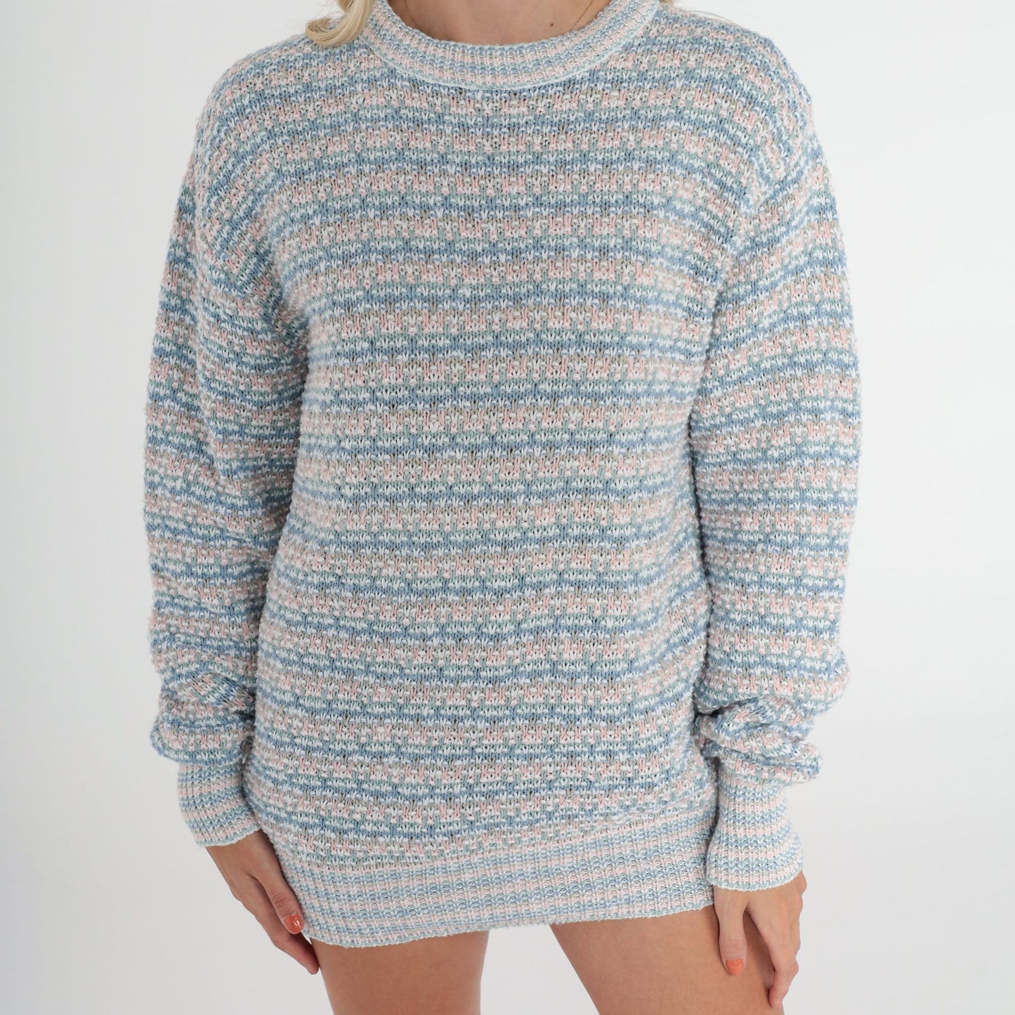80s Pastel Striped Knit Sweater Crewneck Pullover Cotton Blue Pink Green Medium M