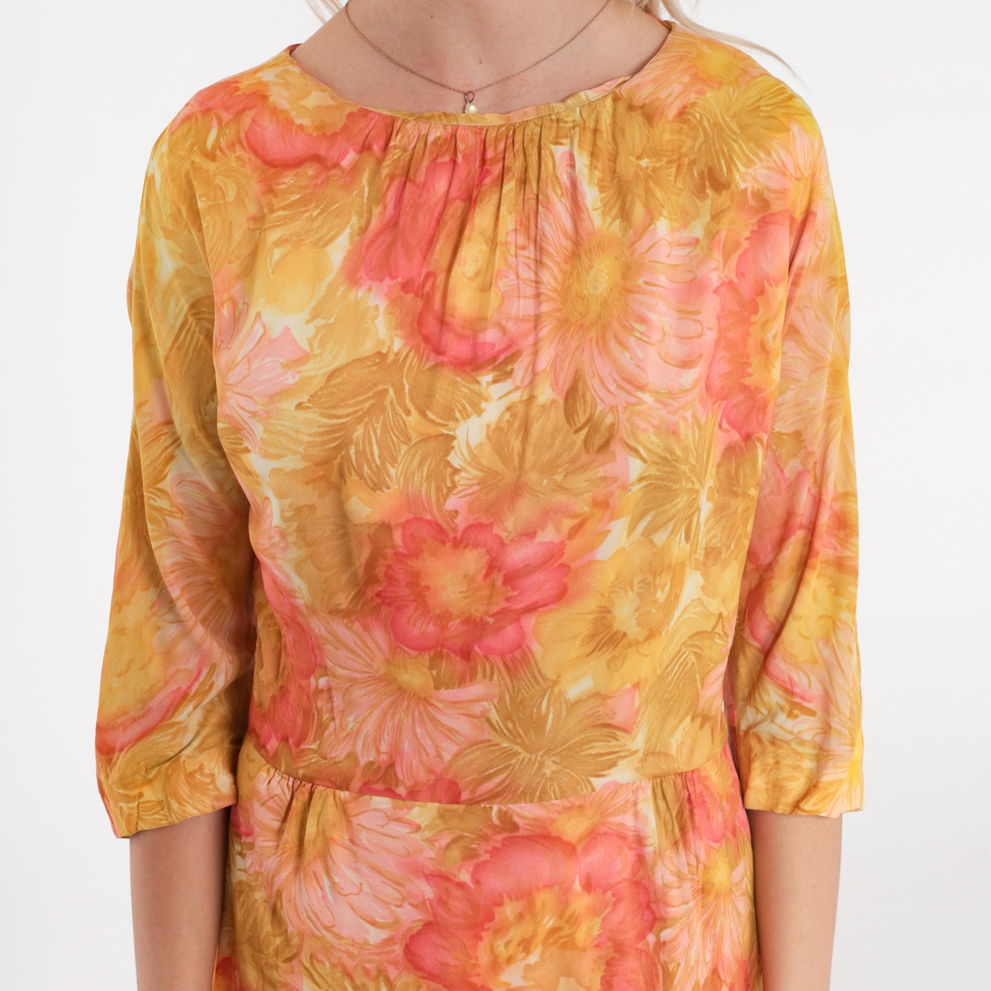 1960s Floral Watercolor Print Dress High Waist 3/4 Sleeve Midi Yellow Green Small