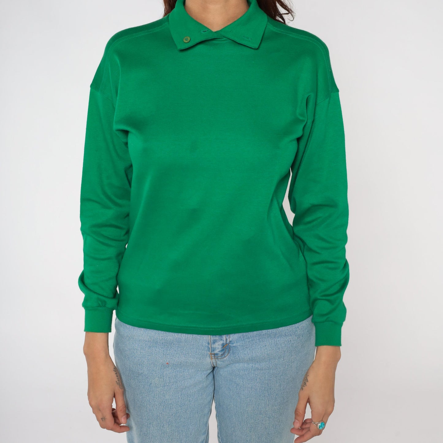 80s Benetton Green Polo Shirt Long Sleeve Cotton Collared Small