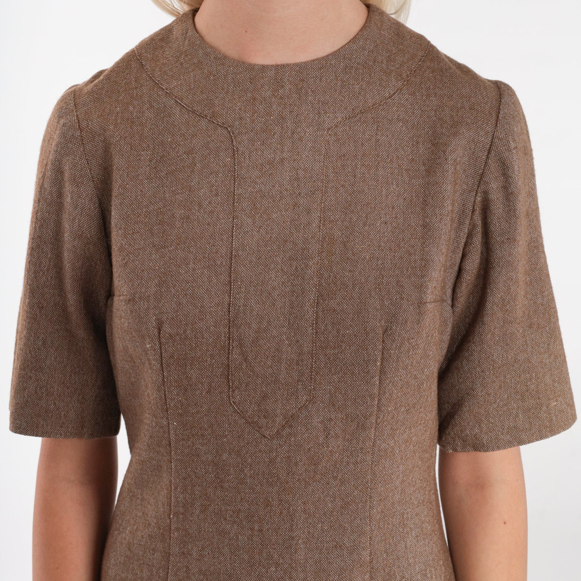 60s Brown Wool Mini Dress Mod Sheath Short Sleeve Extra Small