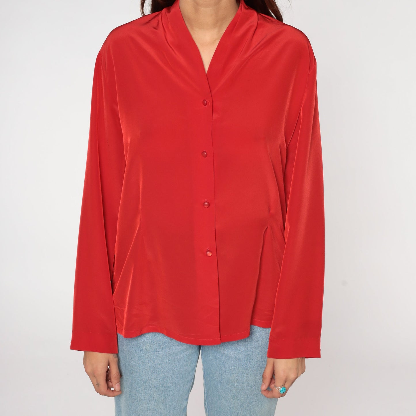 80s Pendleton Red Button-Up Blouse V-Neck Long Sleeve Medium M