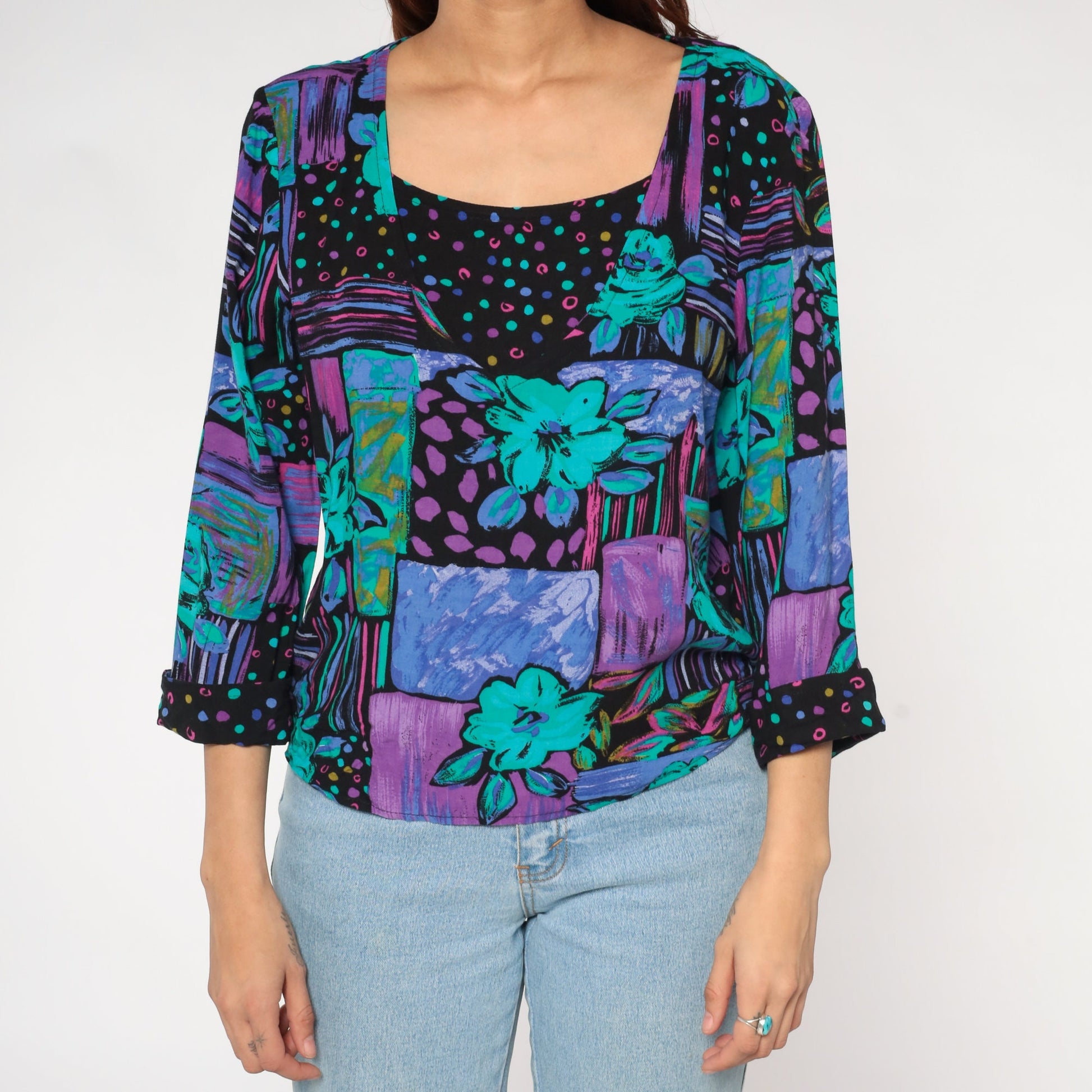 90s Patchwork Floral Polka Dot Blouse Cuffed Sleeve Black Purple Turquoise Medium