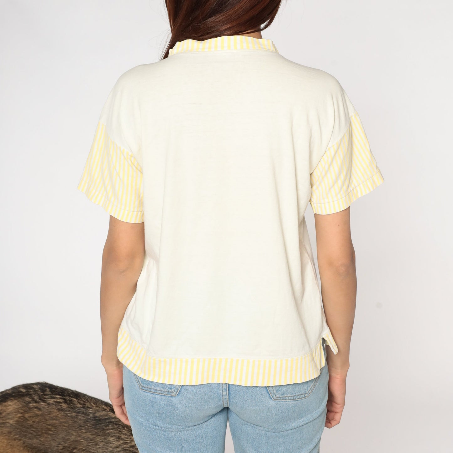 90s Buddy Bear ABC Striped Mockneck Tee Yellow White Graphic Medium M