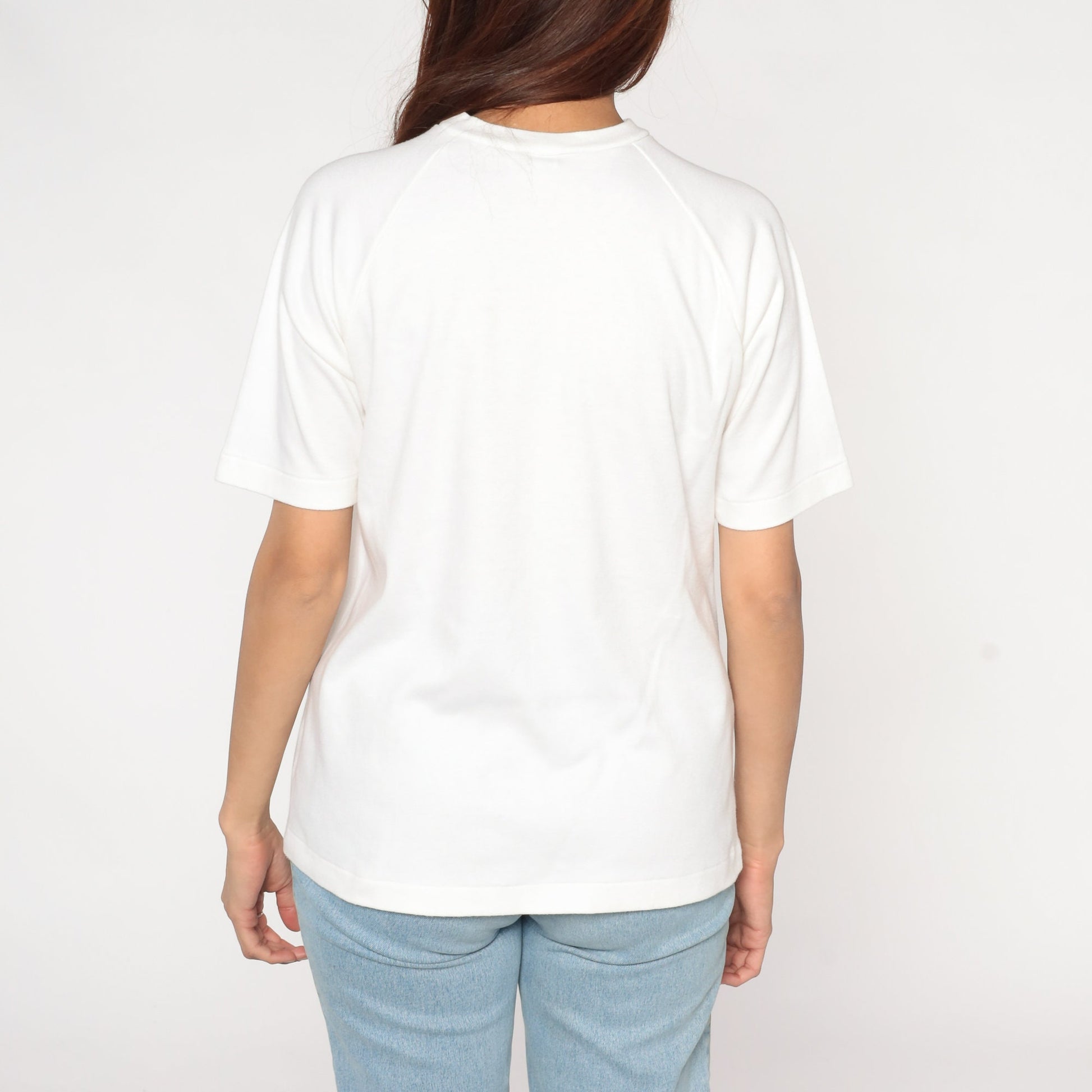 80s White Raglan Sleeve T-Shirt Embroidered Eagle Chest Pocket Cotton Medium