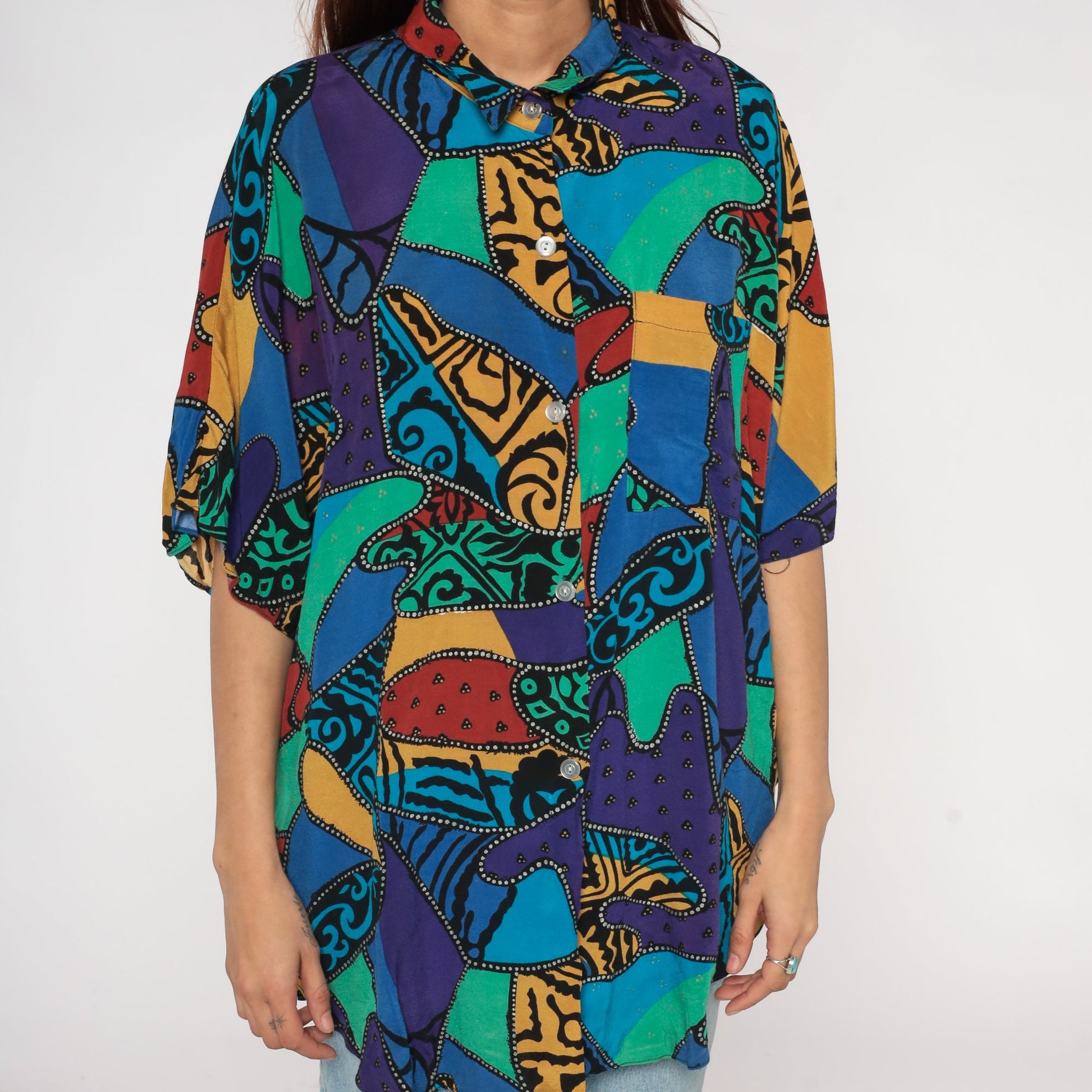 90s Abstract Patchwork Button-Up Blouse Psychedelic Print Extra Large