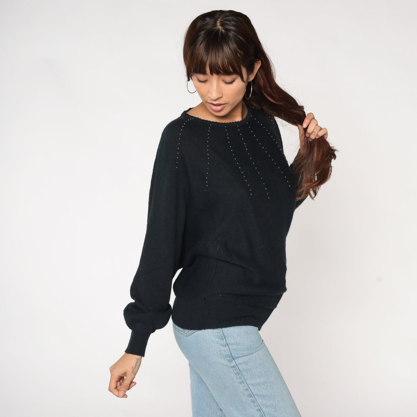 80s Black Beaded Knit Sweater Batwing Dolman Sleeve Pullover Small Medium