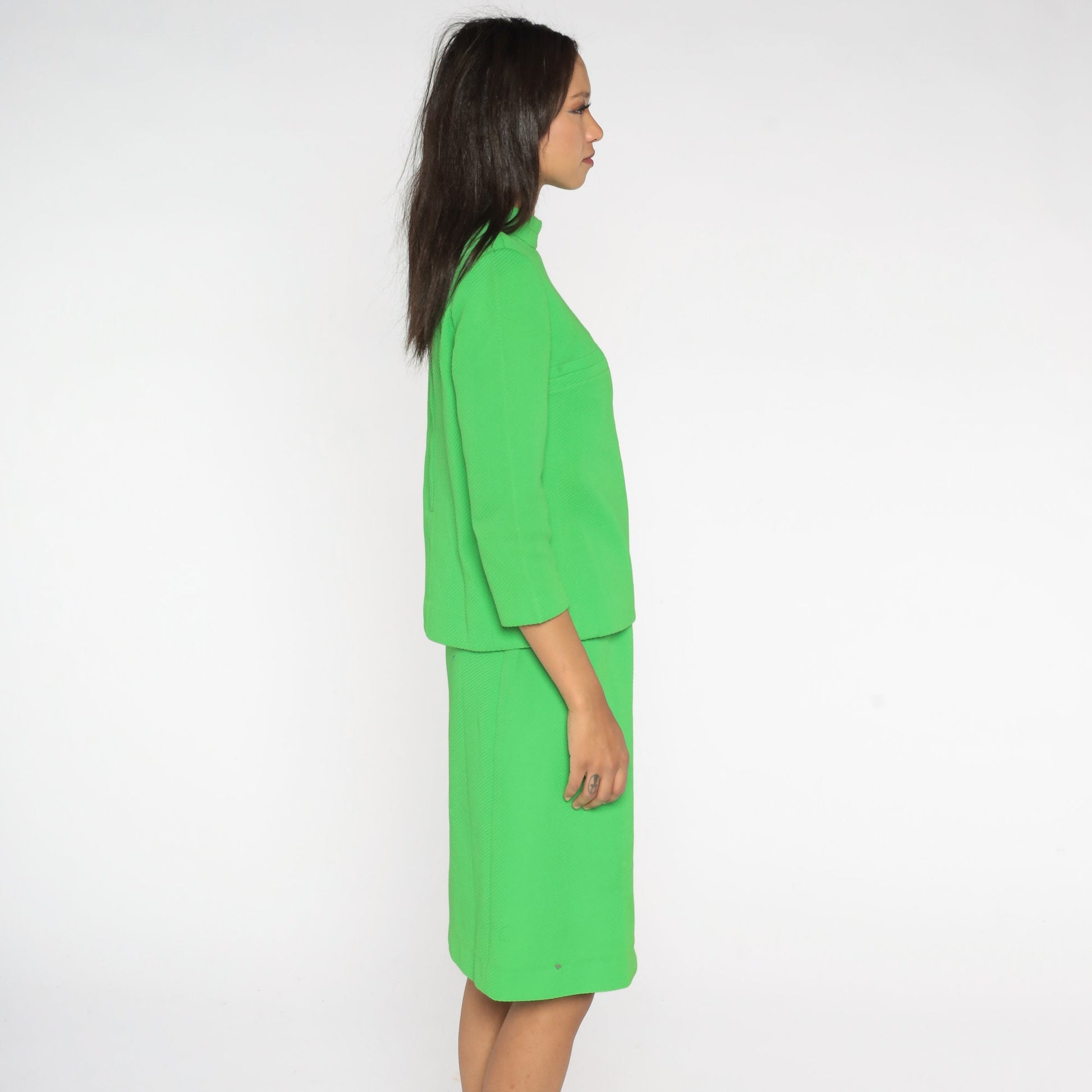 60s Neon Lime Green Mod Two Piece Dress Suit Cowl Neck Top Pencil Skirt Small
