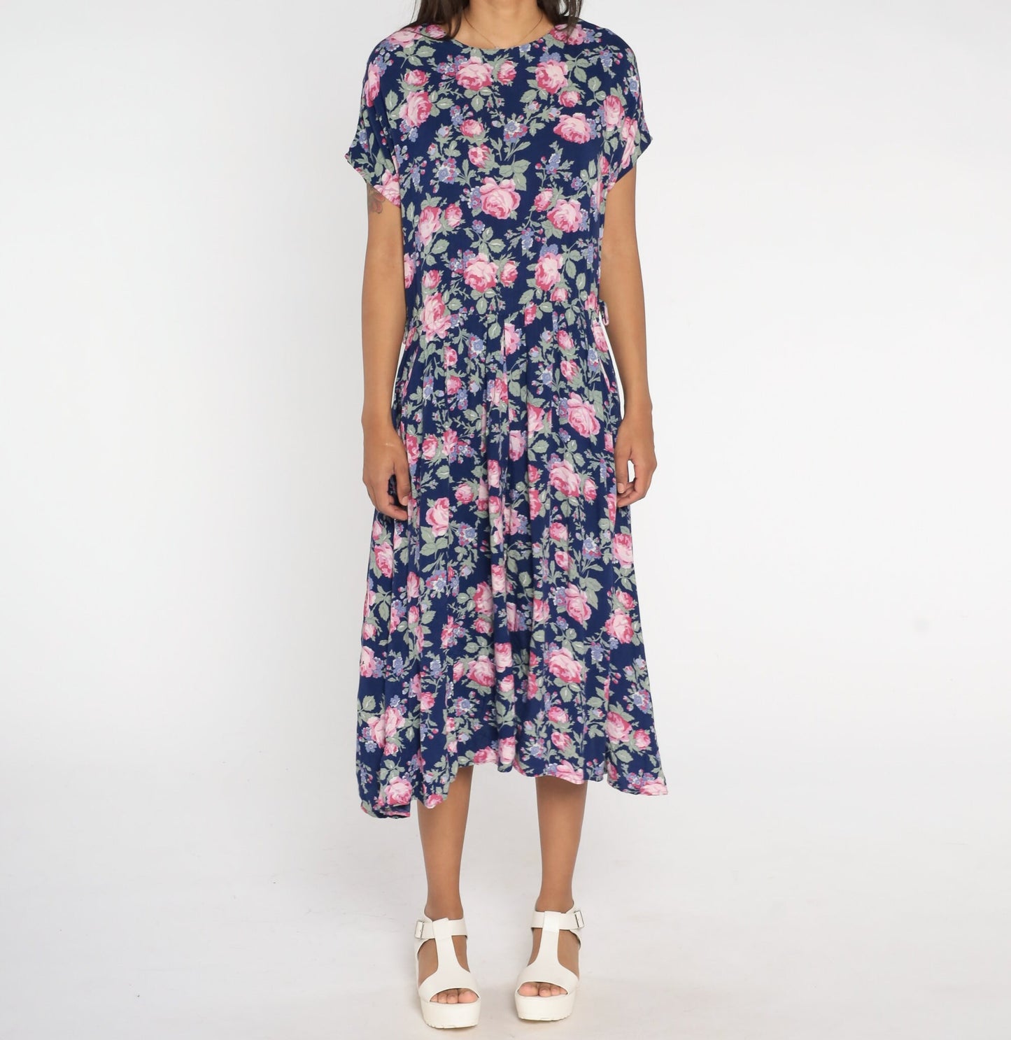 90s Paquette Too Floral Midi Dress Blue Rose Print Low Waist Medium