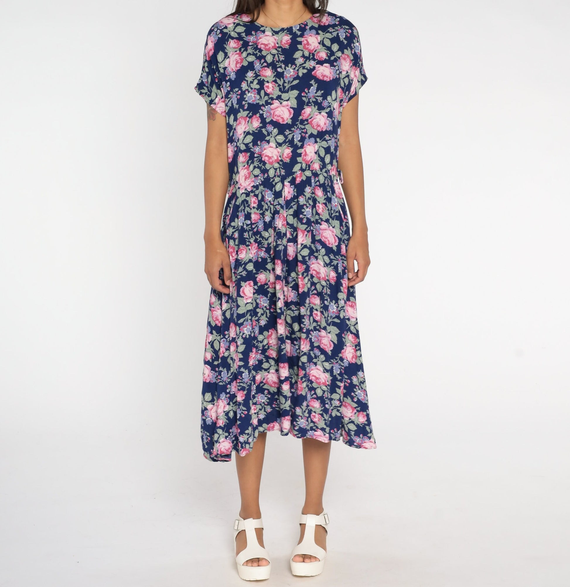 90s Paquette Too Floral Midi Dress Blue Rose Print Low Waist Medium