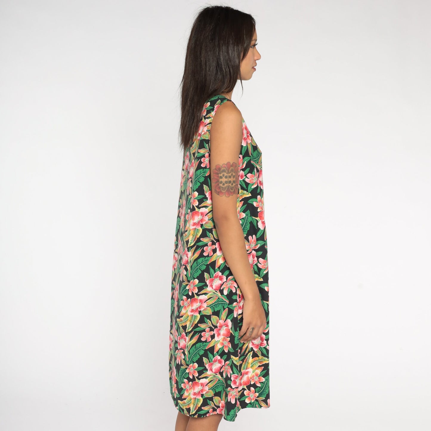 90s Coldwater Creek Silk Hawaiian Midi Dress Black Floral Sleeveless Large