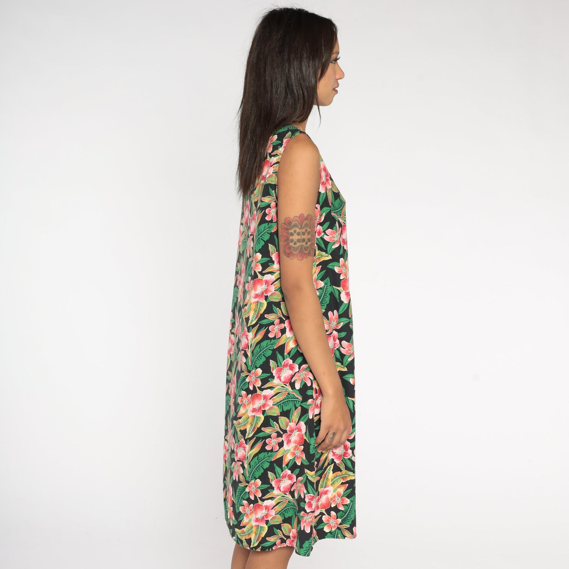 90s Coldwater Creek Silk Hawaiian Midi Dress Black Floral Sleeveless Large