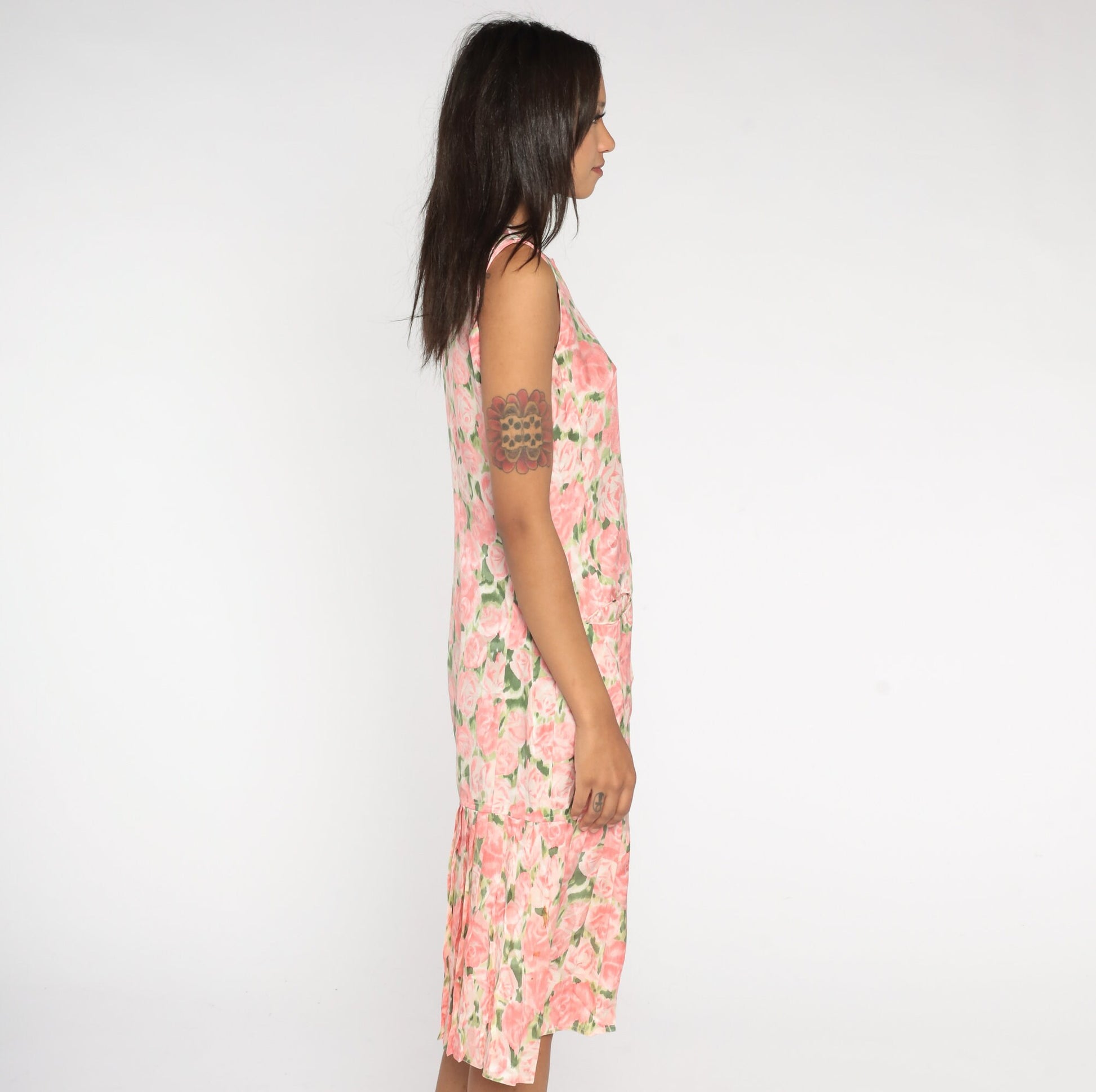 Y2K Maggie London Silk Floral Midi Dress Pink Green Sleeveless Small 6