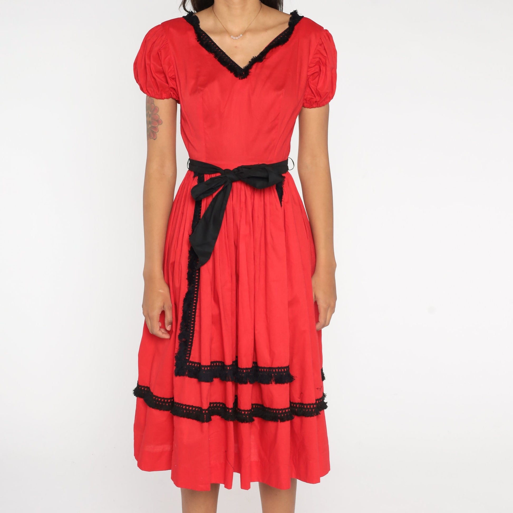 1960s Red Puff Sleeve Midi Dress Black Fringe High Waist Extra Small