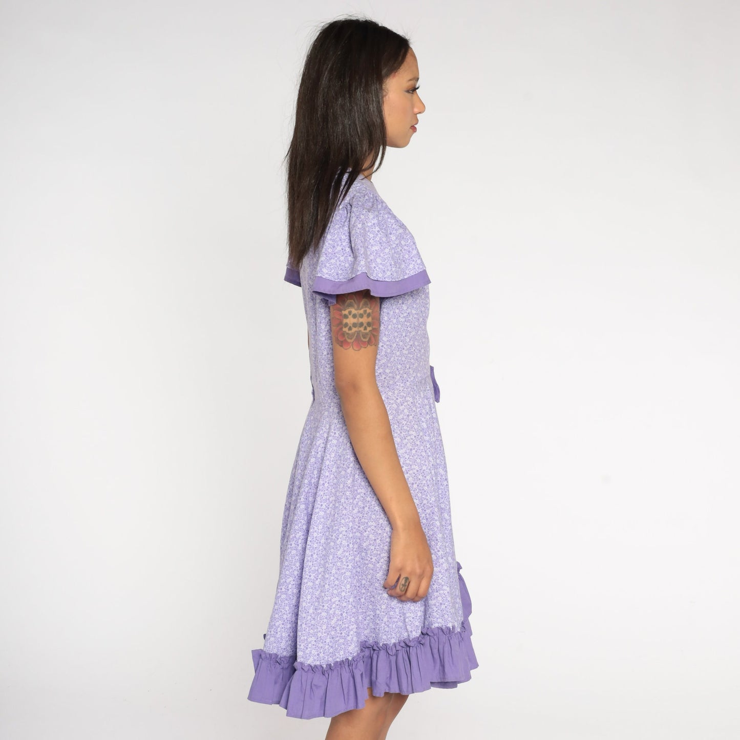 80s Purple Calico Floral High-Waist Midi Dress Puff Sleeve Medium