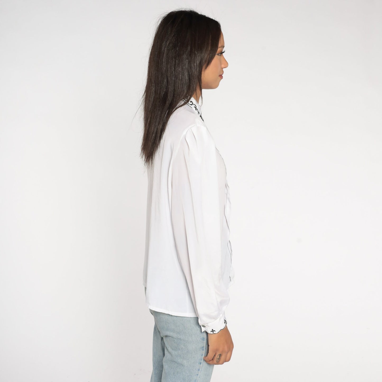 80s White Puff Sleeve Blouse Embroidered Collar Button-Up Shirt Large